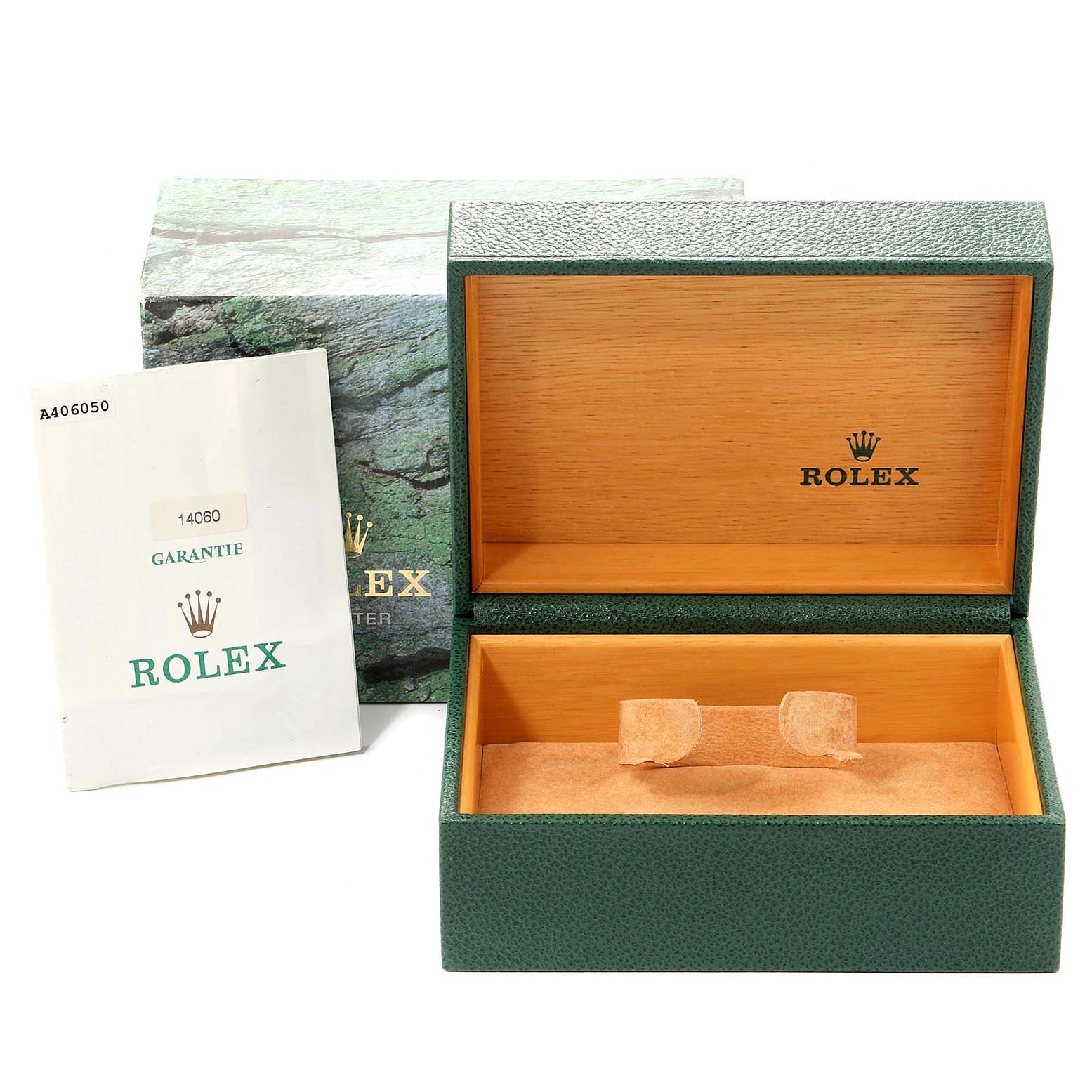 The image shows an open Rolex Submariner 14060 Men
s Stainless Steel Black Dial 14060 Men
s Stainless Steel Black Dial watch box and guarantee booklet from a slightly elevated front angle.