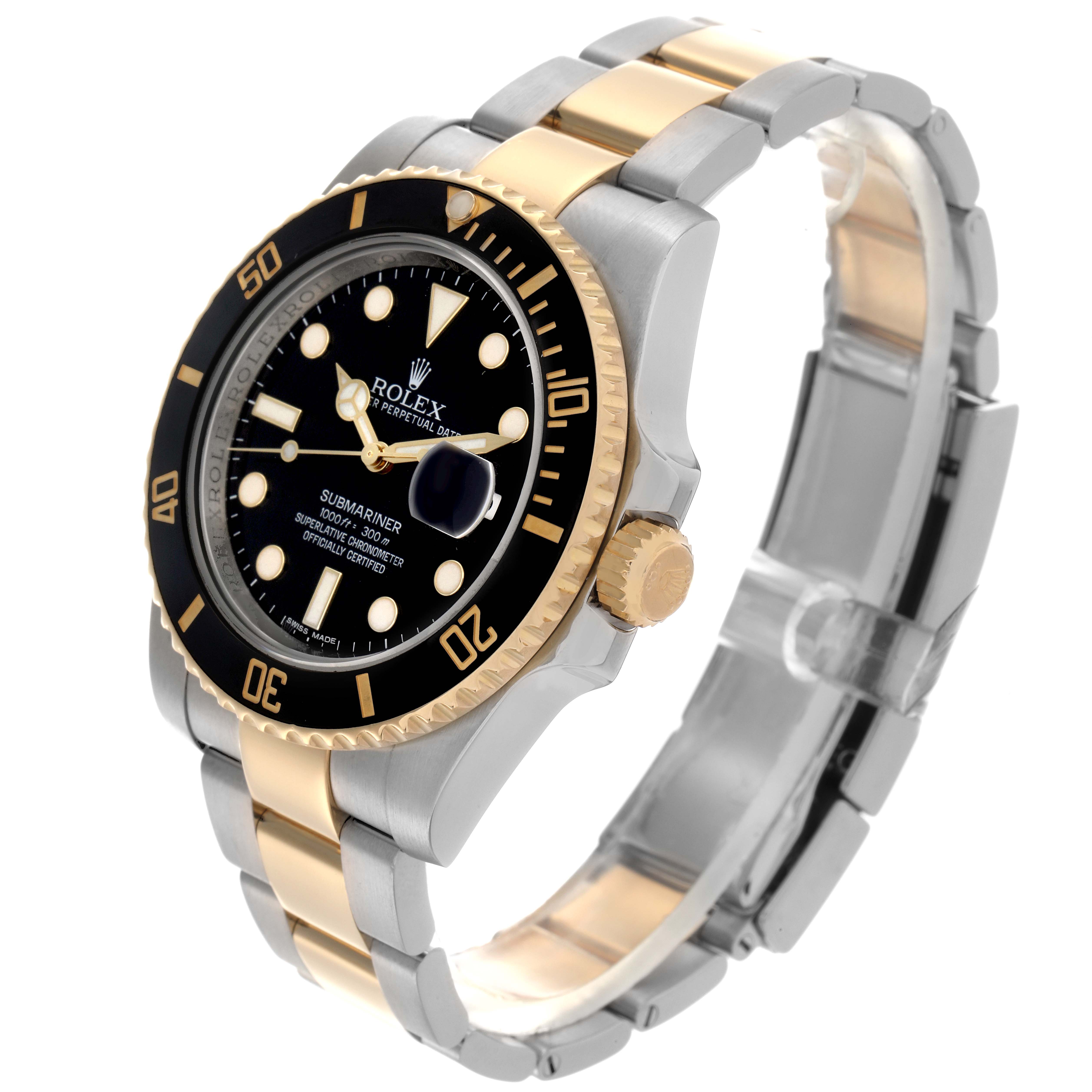 The Rolex Submariner 116613 Men
s Steel and Gold (two tone) Black Dial 116613 Men
s Steel and Gold (two tone) Black Dial watch is shown at an angled view, displaying the bezel, dial, bracelet, and crown.