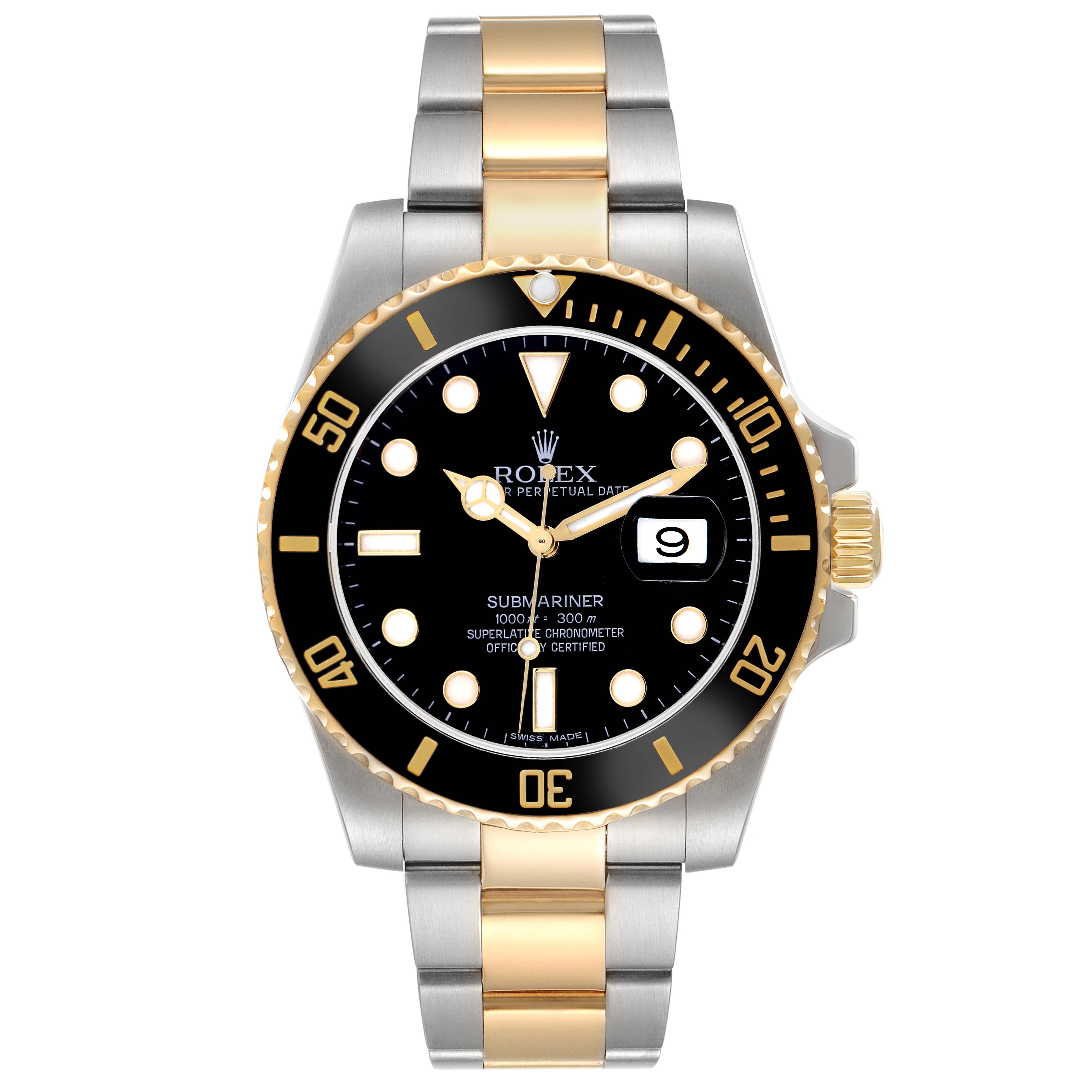 The Rolex Submariner 116613 Men
s Steel and Gold (two tone) Black Dial 116613 Men
s Steel and Gold (two tone) Black Dial watch is shown from the front, highlighting its black dial, gold and silver bracelet, and detailed bezel.