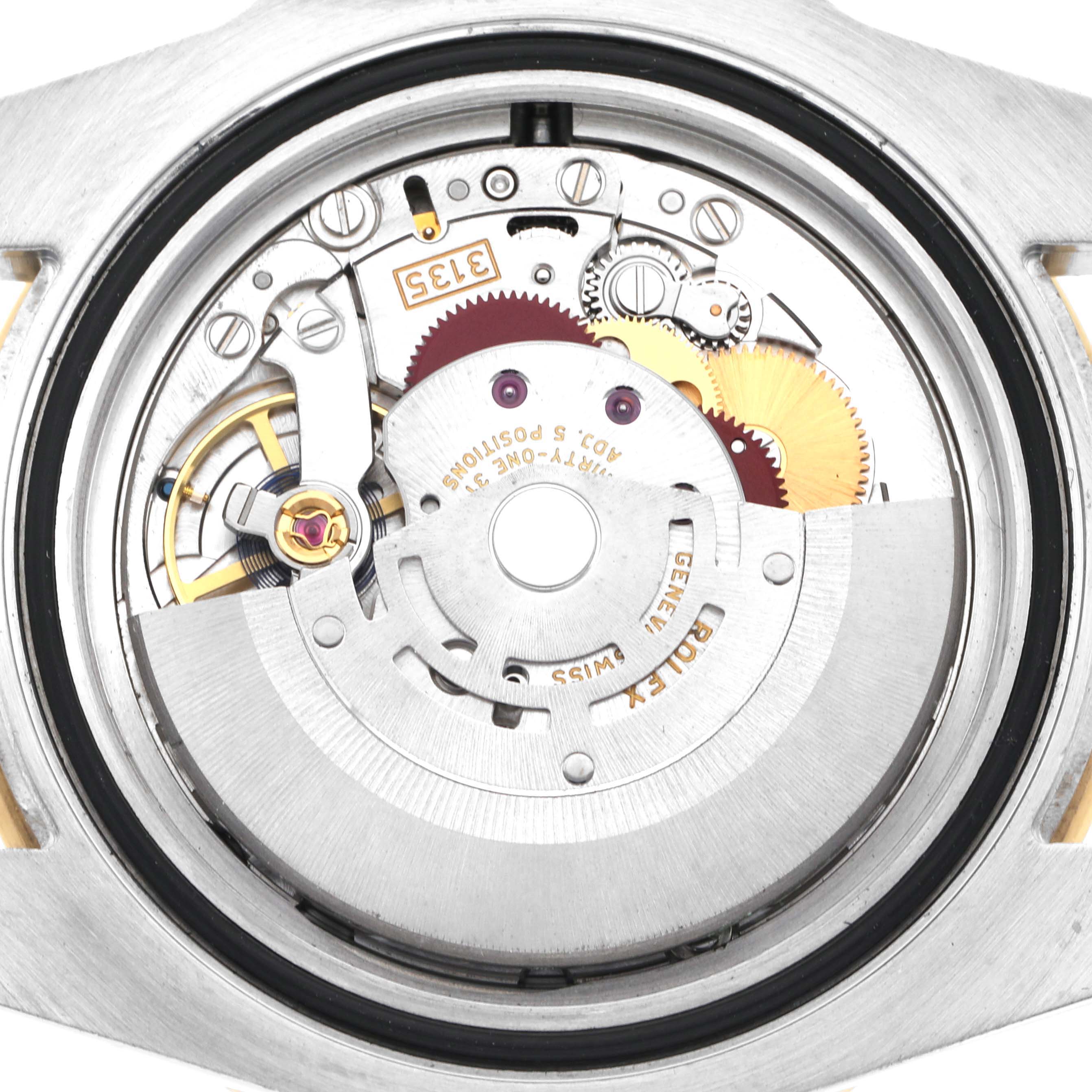 The image shows the internal movement of a Rolex Submariner 116613 Men
s Steel and Gold (two tone) Black Dial 116613 Men
s Steel and Gold (two tone) Black Dial, viewed from the back, highlighting gears and components.