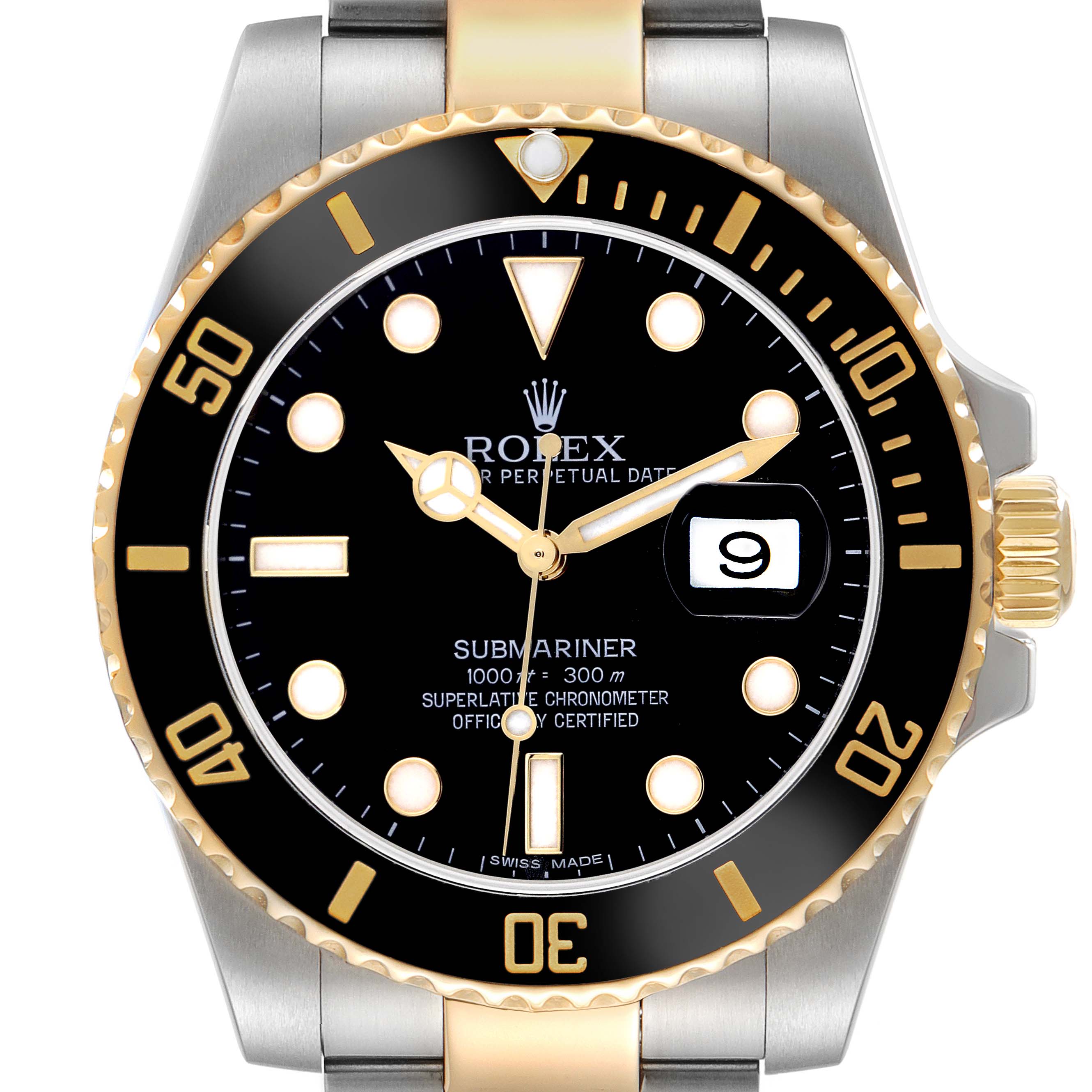 The Rolex Submariner 116613 Men
s Steel and Gold (two tone) Black Dial 116613 Men
s Steel and Gold (two tone) Black Dial watch is shown from a top-down angle, highlighting the dial, bezel, and part of the bracelet.