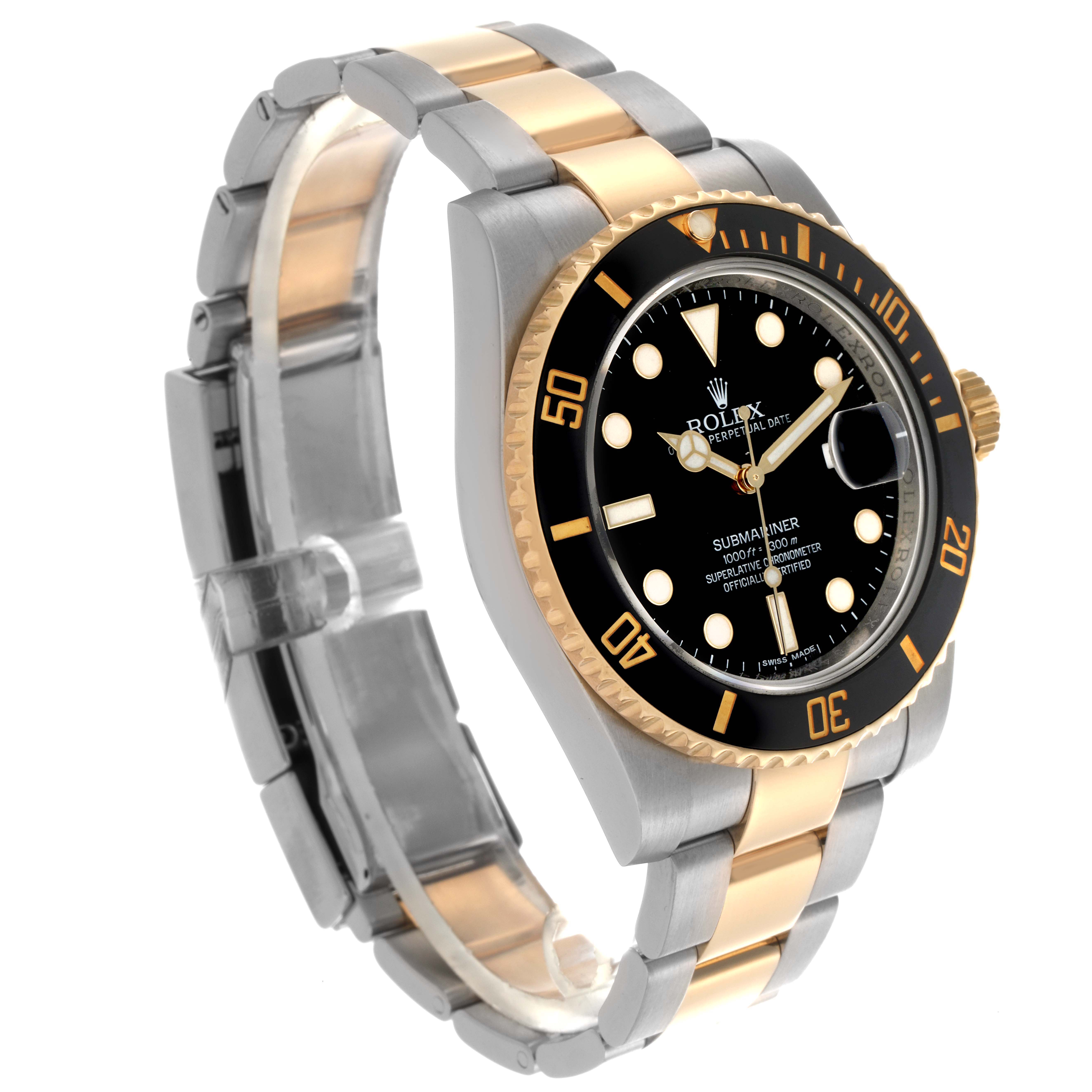 The Rolex Submariner 116613 Men
s Steel and Gold (two tone) Black Dial 116613 Men
s Steel and Gold (two tone) Black Dial is shown at a three-quarter angle, highlighting its two-tone bracelet, bezel, and dial.