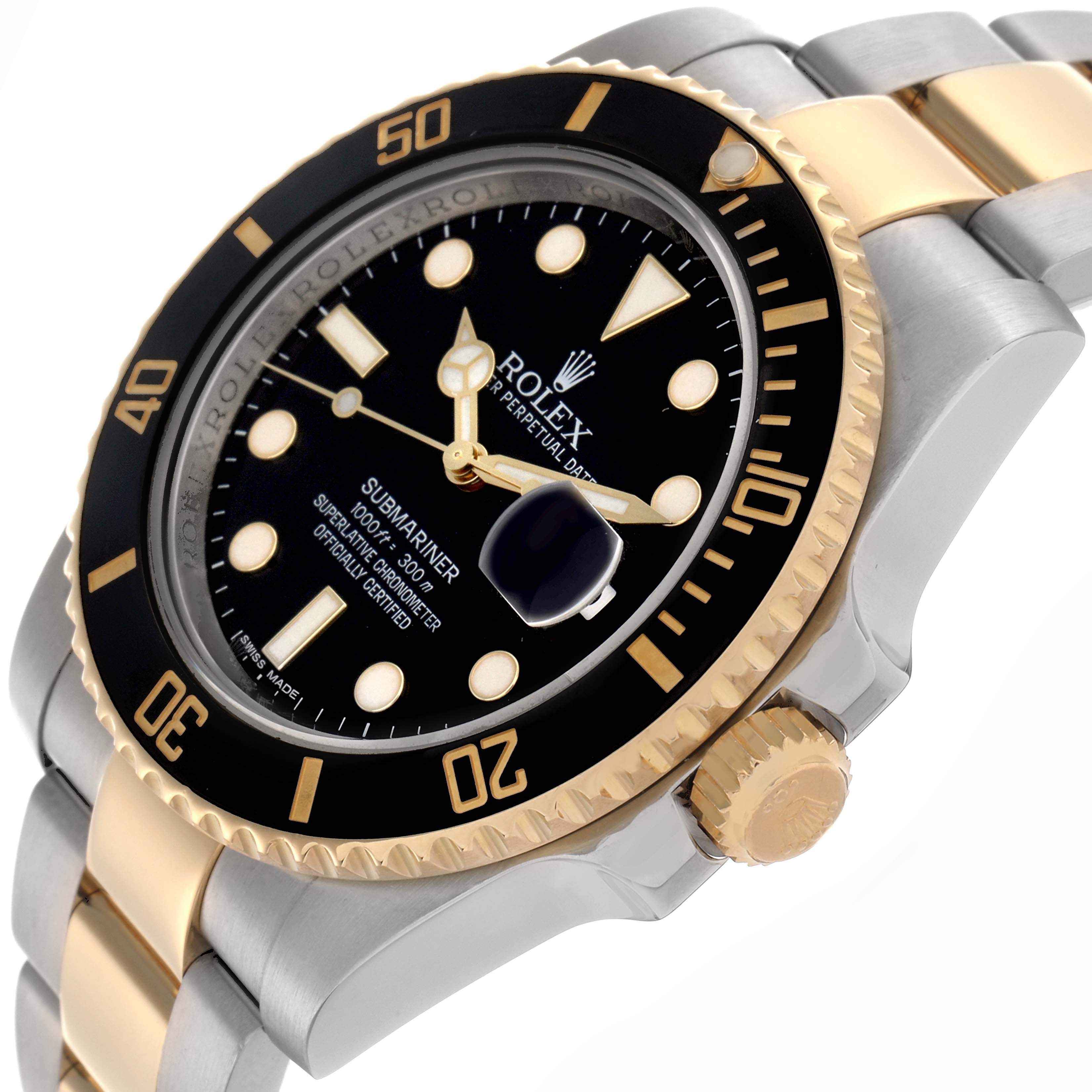 The Rolex Submariner 116613 Men
s Steel and Gold (two tone) Black Dial 116613 Men
s Steel and Gold (two tone) Black Dial watch is shown at a slight angle, highlighting its black dial, gold bezel, crown, and two-tone bracelet.