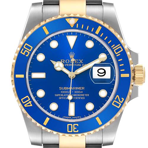 The Rolex Submariner 116613LB Men's Stainless Steel Blue Dial watch is shown from a front view, highlighting the blue dial, bezel, and date window.