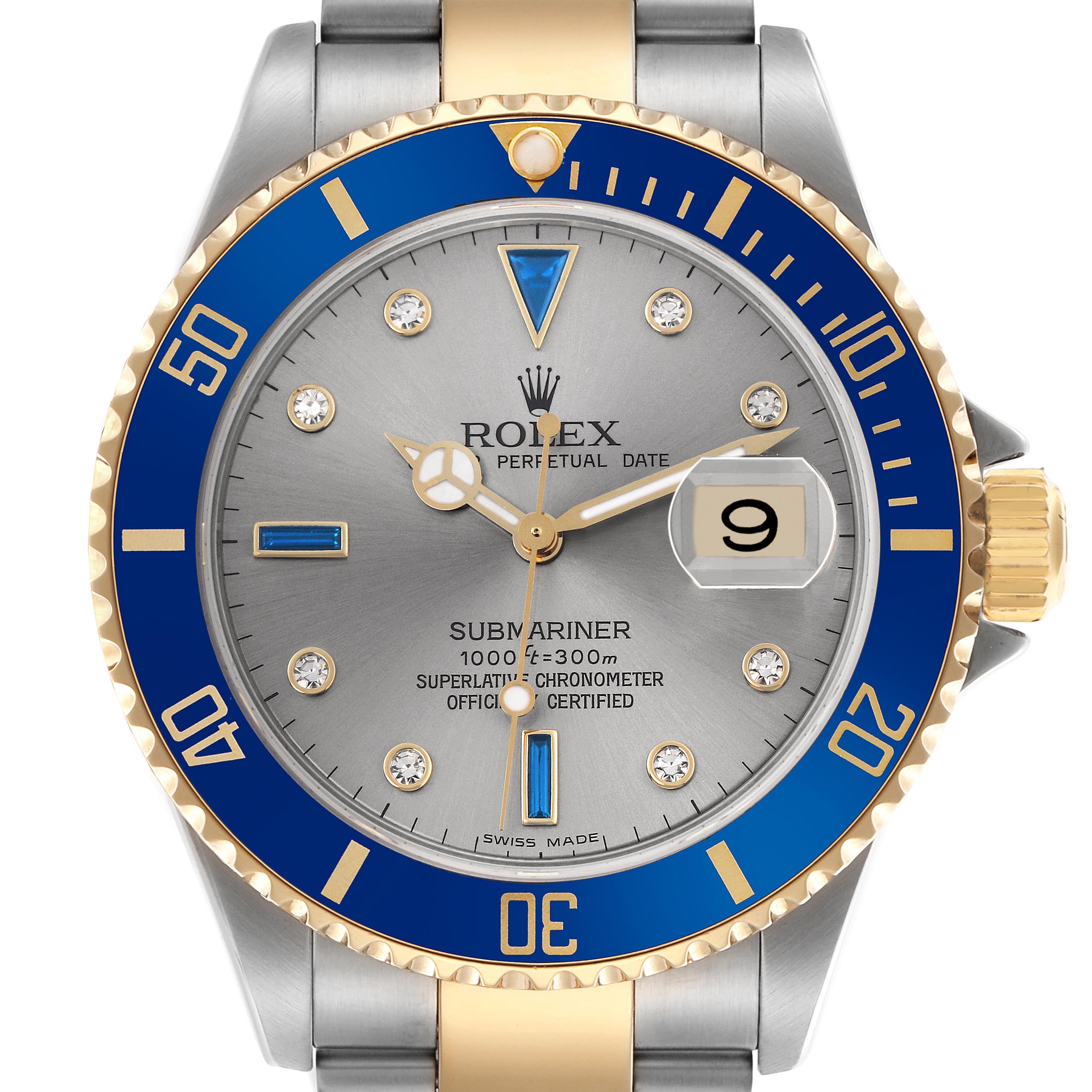 The Rolex Submariner 16613 Men
s Steel and Gold (two tone) Silver Dial 16613 Men
s Steel and Gold (two tone) Silver Dial watch is shown from a top-down angle, highlighting the dial, bezel, and part of the bracelet.