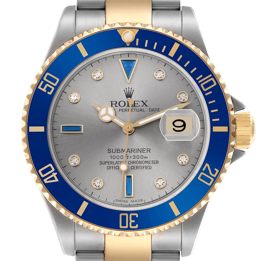 The Rolex Submariner watch is shown from a top-down angle, highlighting the dial, bezel, and part of the bracelet.