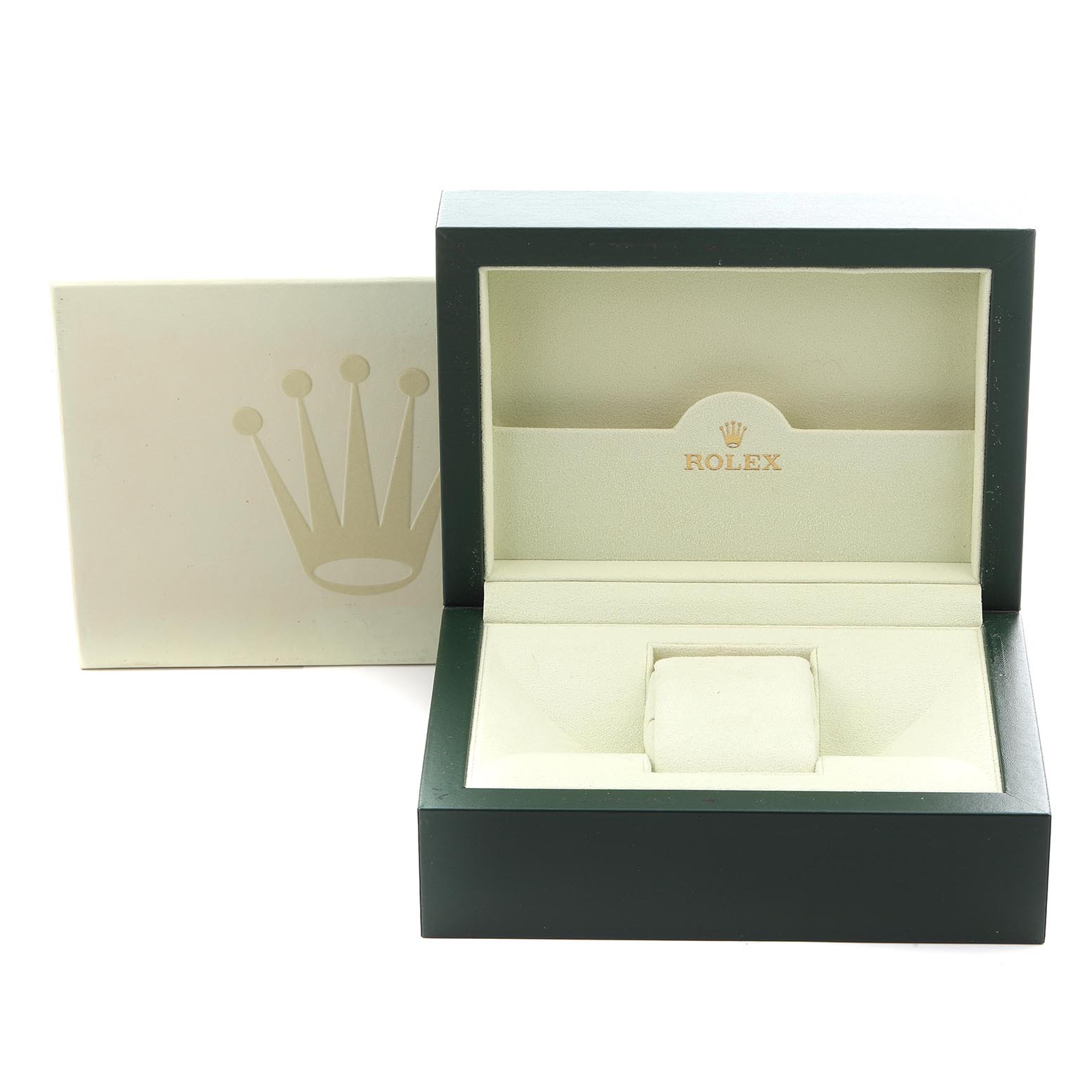 The image shows an open Rolex Submariner 16613 Men
s Steel and Gold (two tone) Silver Dial 16613 Men
s Steel and Gold (two tone) Silver Dial watch box with a cushioned interior and a logo on the inside lid.