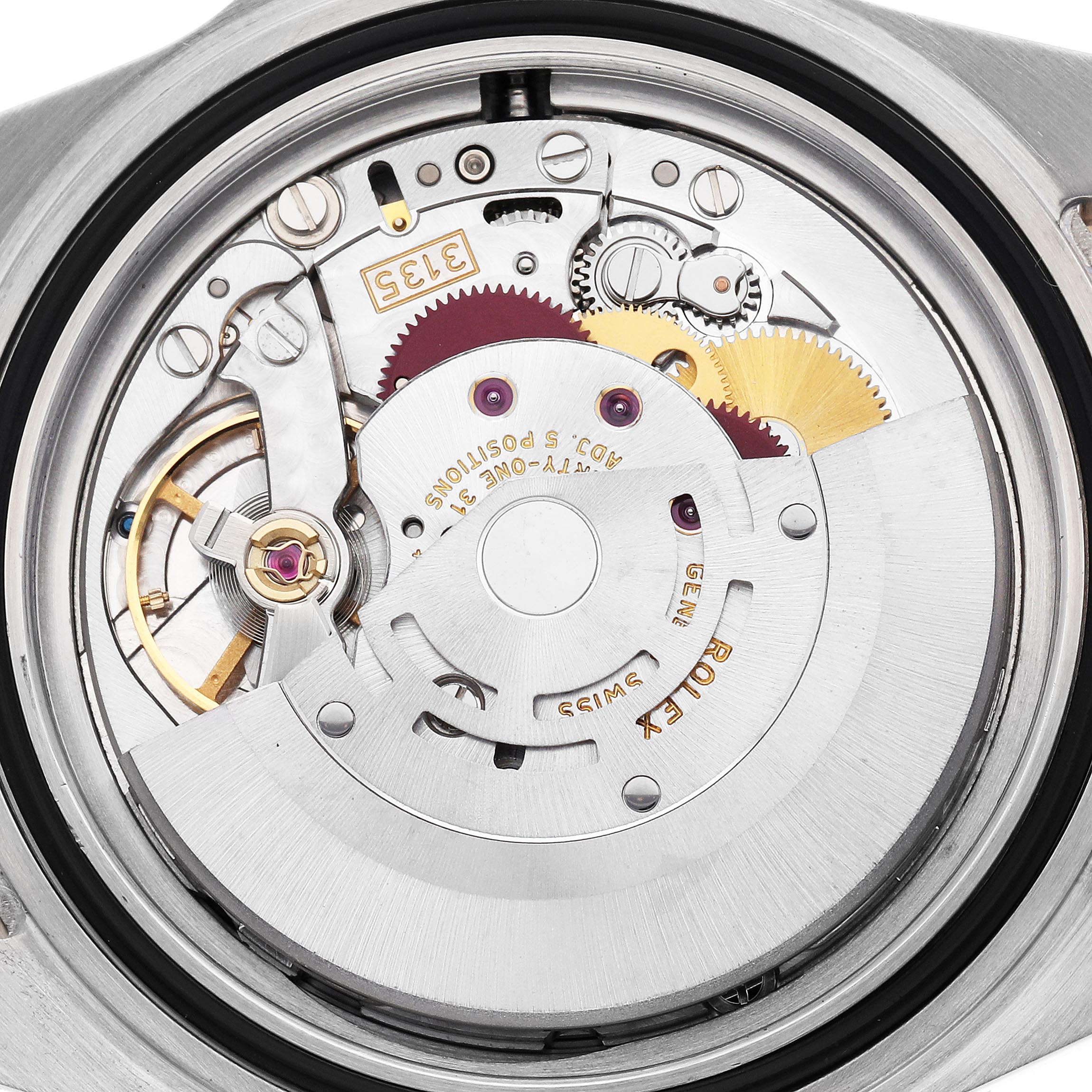 The image shows the movement and internal mechanics of a Rolex Submariner 16613 Men
s Steel and Gold (two tone) Silver Dial 16613 Men
s Steel and Gold (two tone) Silver Dial watch from a rear view.