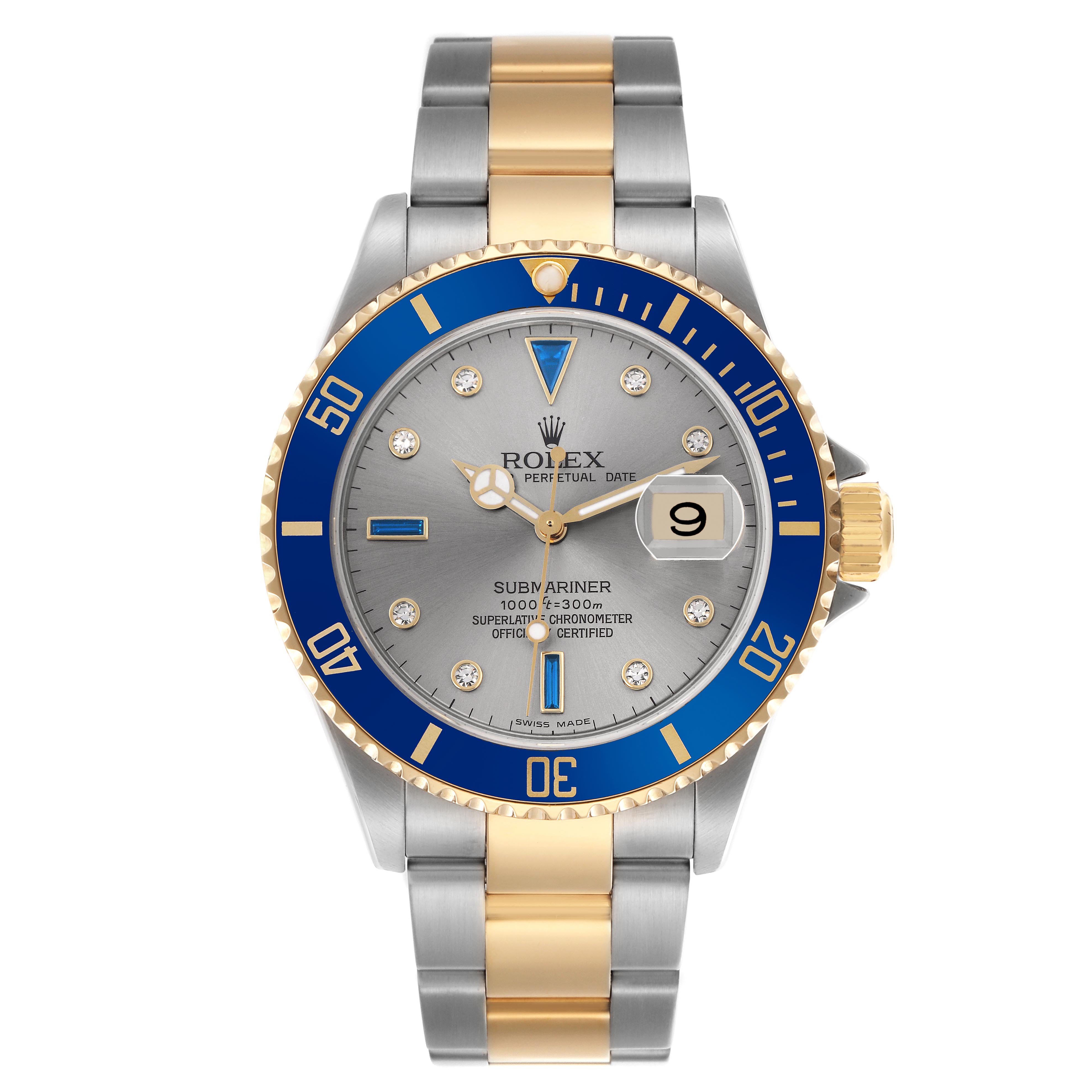 The Rolex Submariner 16613 Men
s Steel and Gold (two tone) Silver Dial 16613 Men
s Steel and Gold (two tone) Silver Dial is shown from the front, highlighting the dial, bezel, hands, and bracelet.