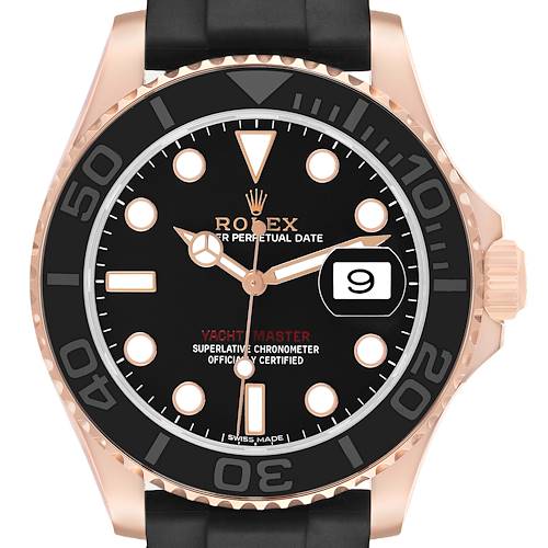 The Rolex Yacht-Master 116655 Men's Rose Gold Black Dial watch is shown from a front angle showcasing its black dial, bezel, and the crown on the right.