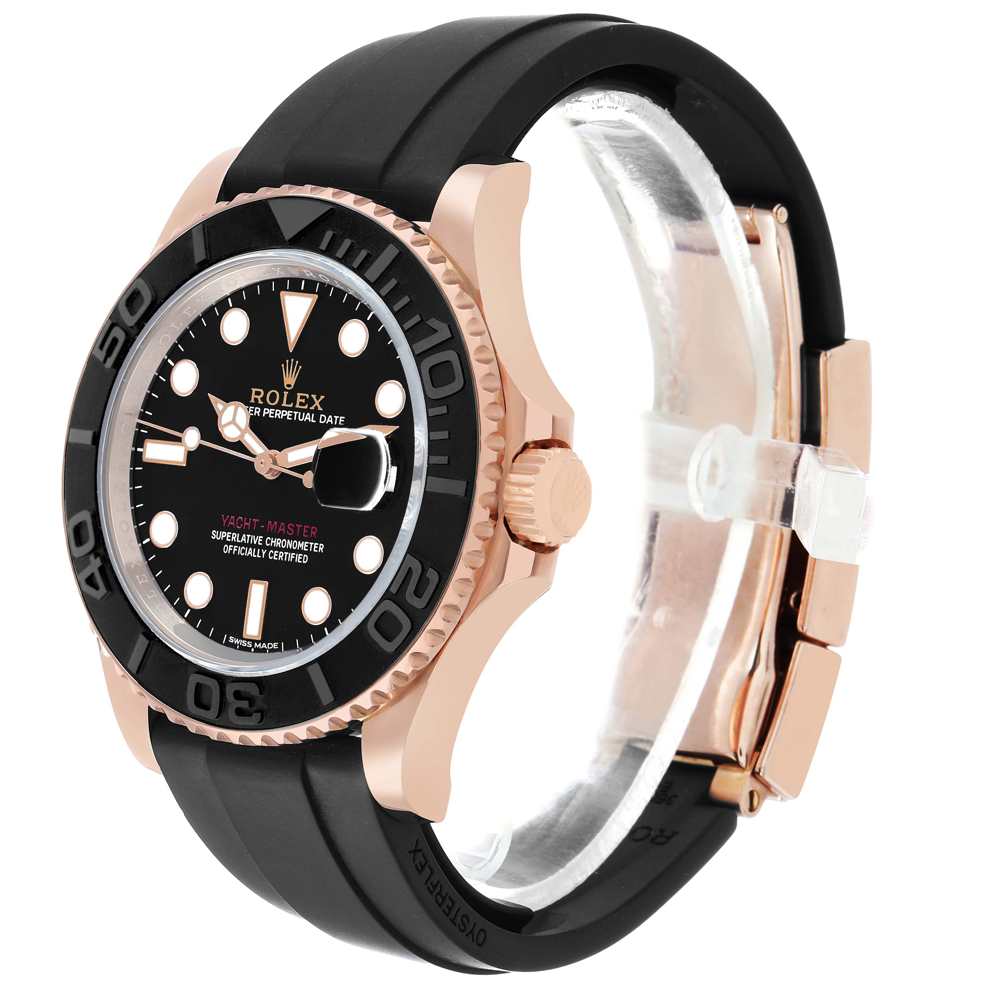 The Rolex Yacht-Master 116655 Men's Rose Gold Black Dial watch is shown at a three-quarter angle, highlighting the dial, bezel, crown, and strap.