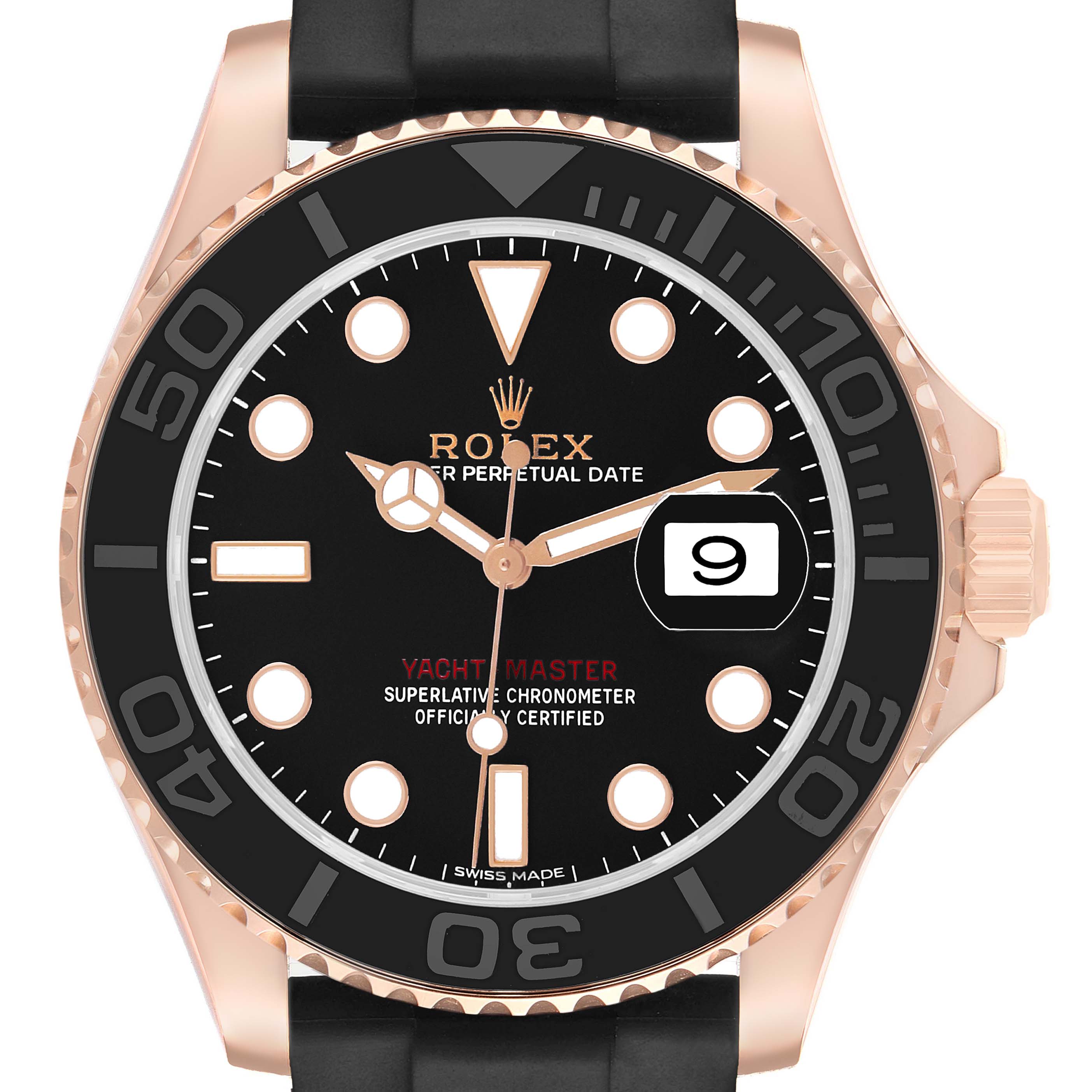 The Rolex Yacht-Master 116655 Men's Rose Gold Black Dial watch is shown from the front, displaying the face, bezel, and crown.