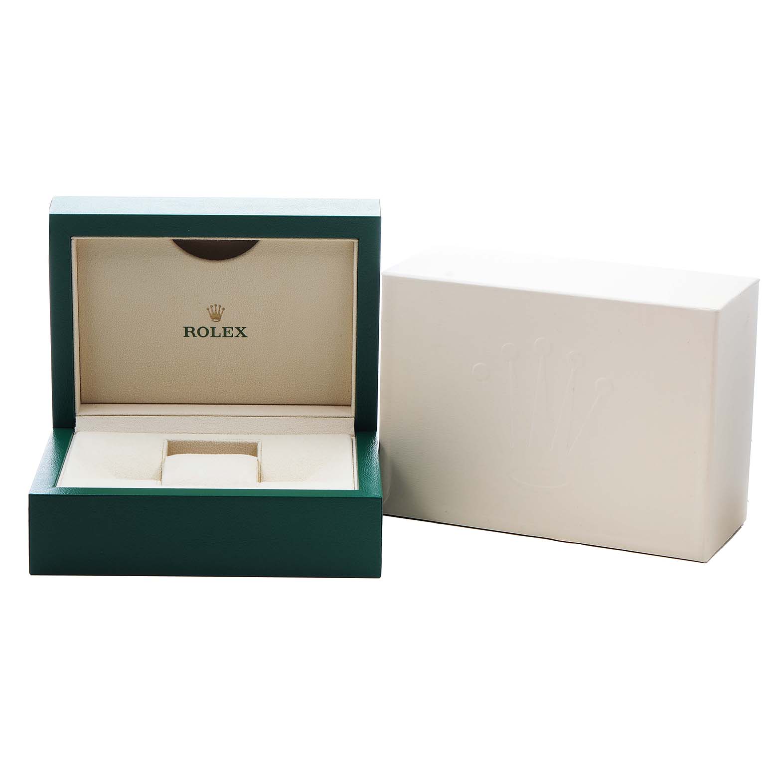 The image shows a Rolex Yacht-Master 116655 Men's Rose Gold Black Dial watch box, open with the interior and outer box visible.