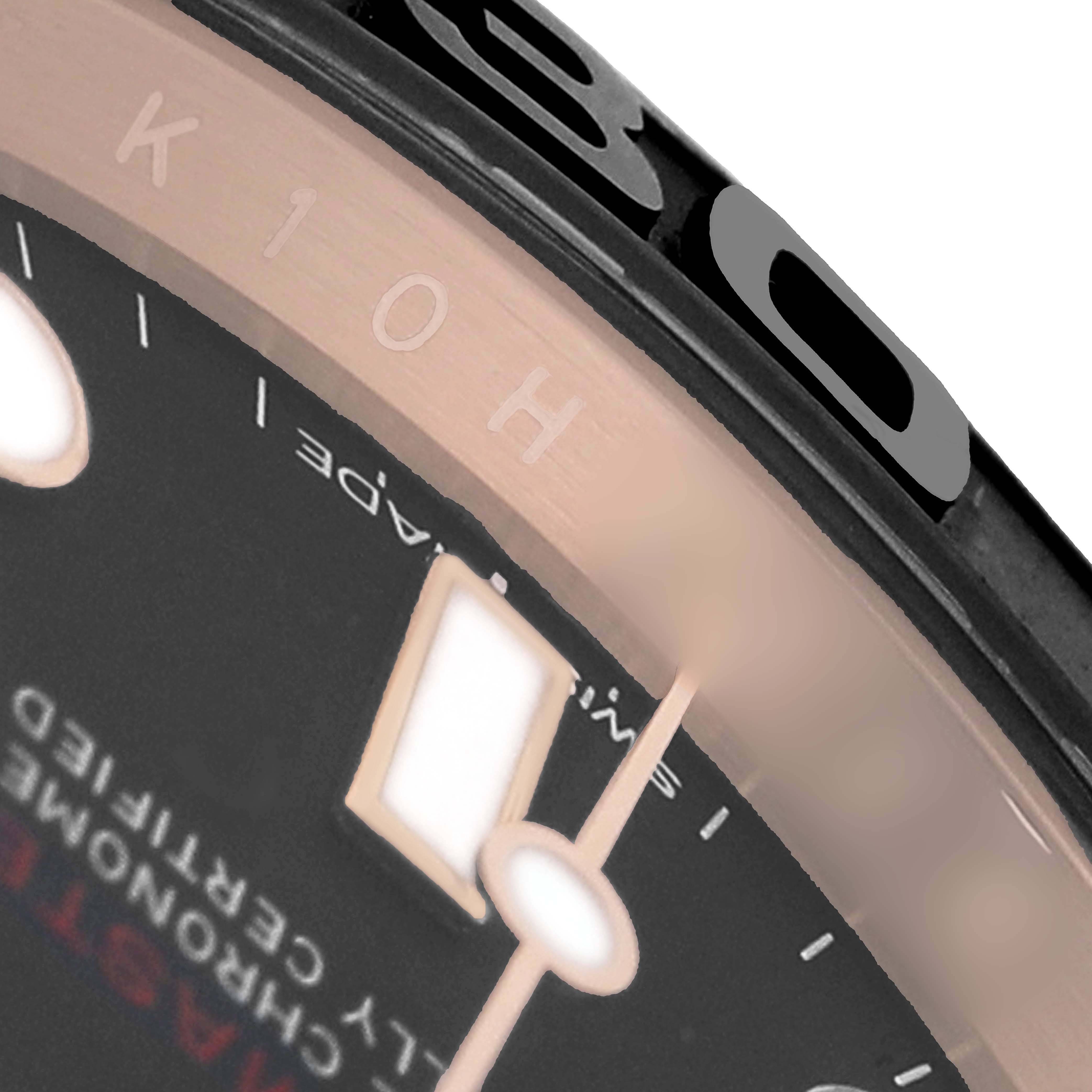 The image shows a close-up side angle of the Rolex Yacht-Master 116655 Men's Rose Gold Black Dial's bezel and dial edge, highlighting the hour marker and text details.