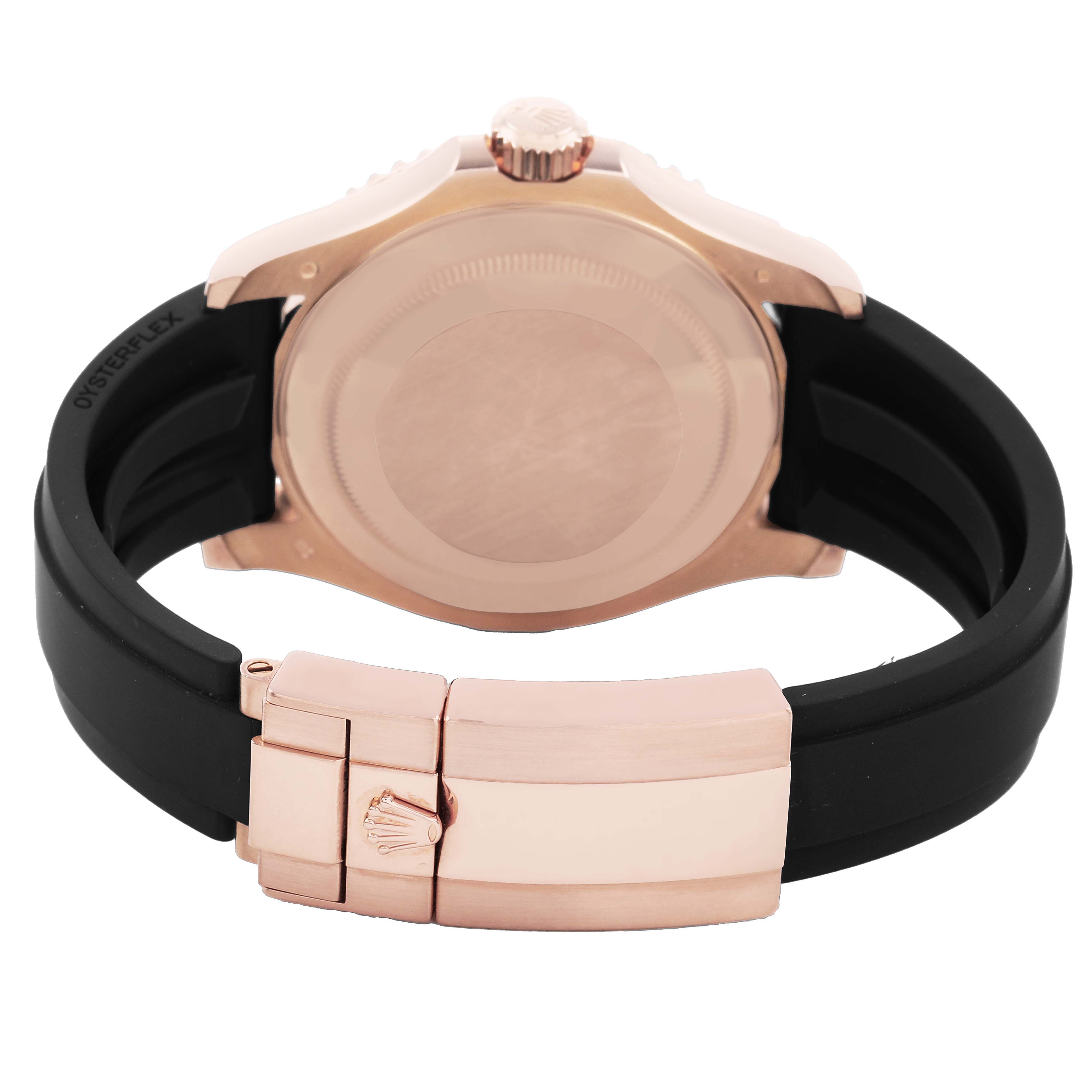 The image shows the back and clasp of a Rolex Yacht-Master 116655 Men's Rose Gold Black Dial watch at a slight angle.