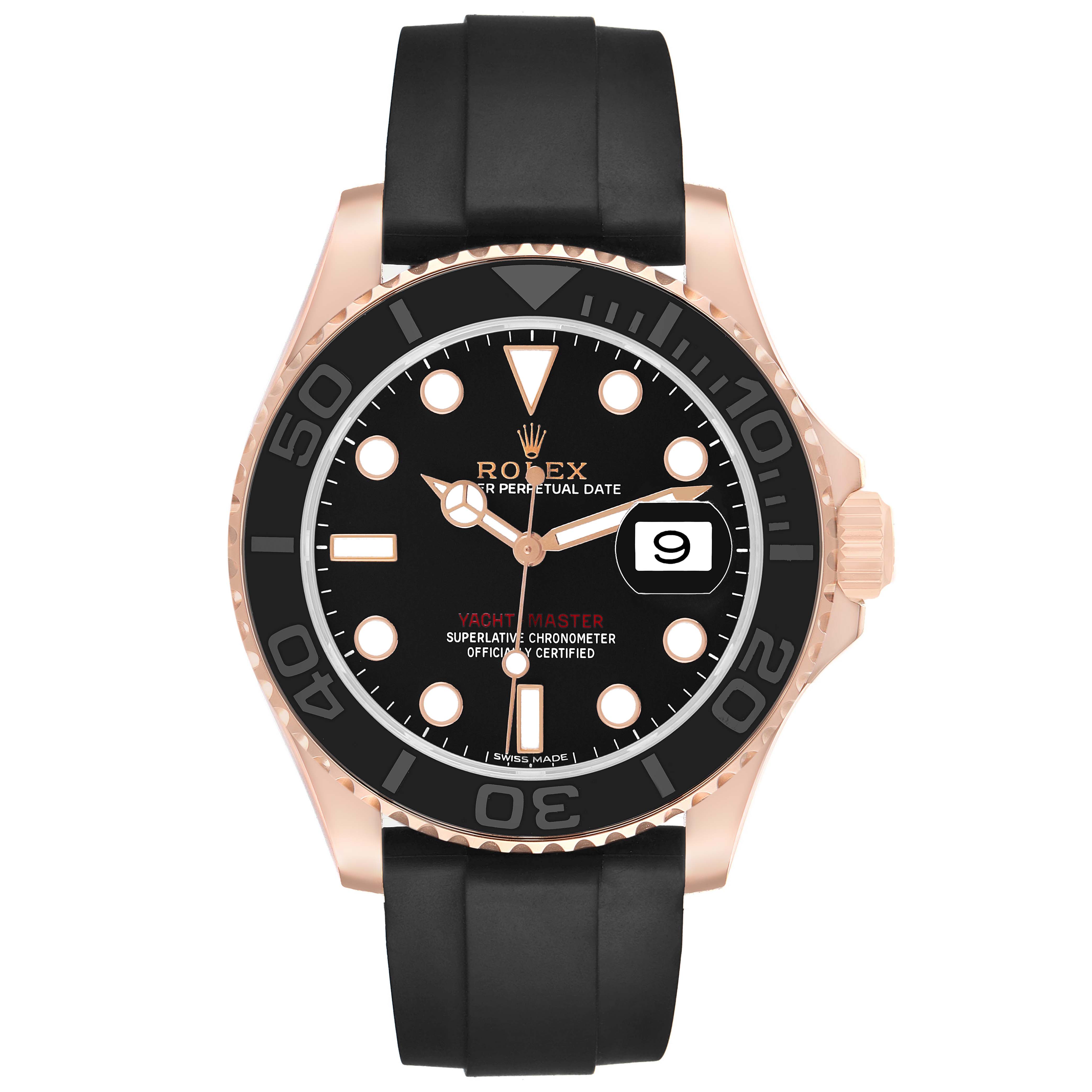 The image shows a front view of a Rolex Yacht-Master 116655 Men's Rose Gold Black Dial, displaying the dial, bezel, case, and the black rubber strap.