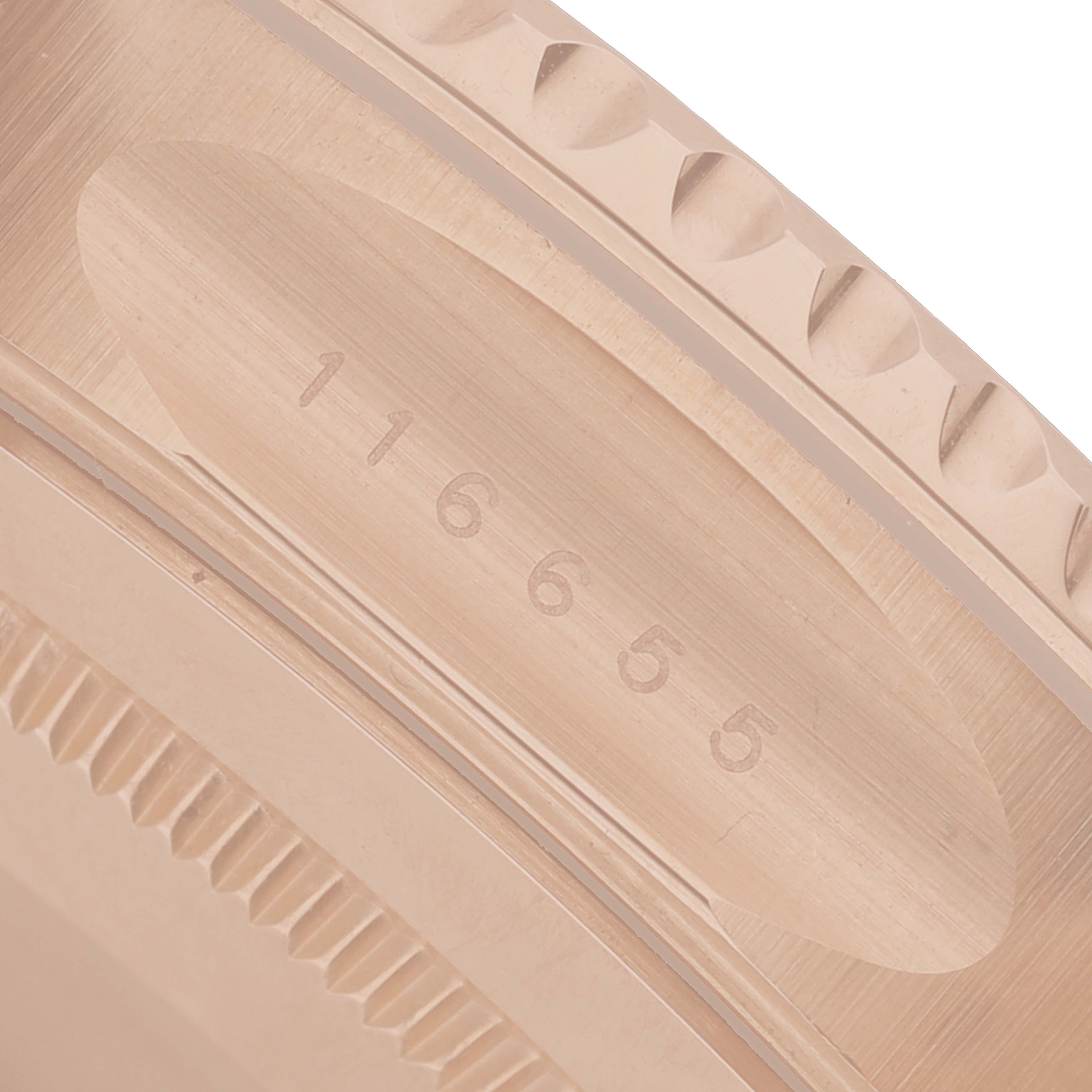 The image shows a close-up of the Rolex Yacht-Master 116655 Men's Rose Gold Black Dial model's bezel with the model number engraved.