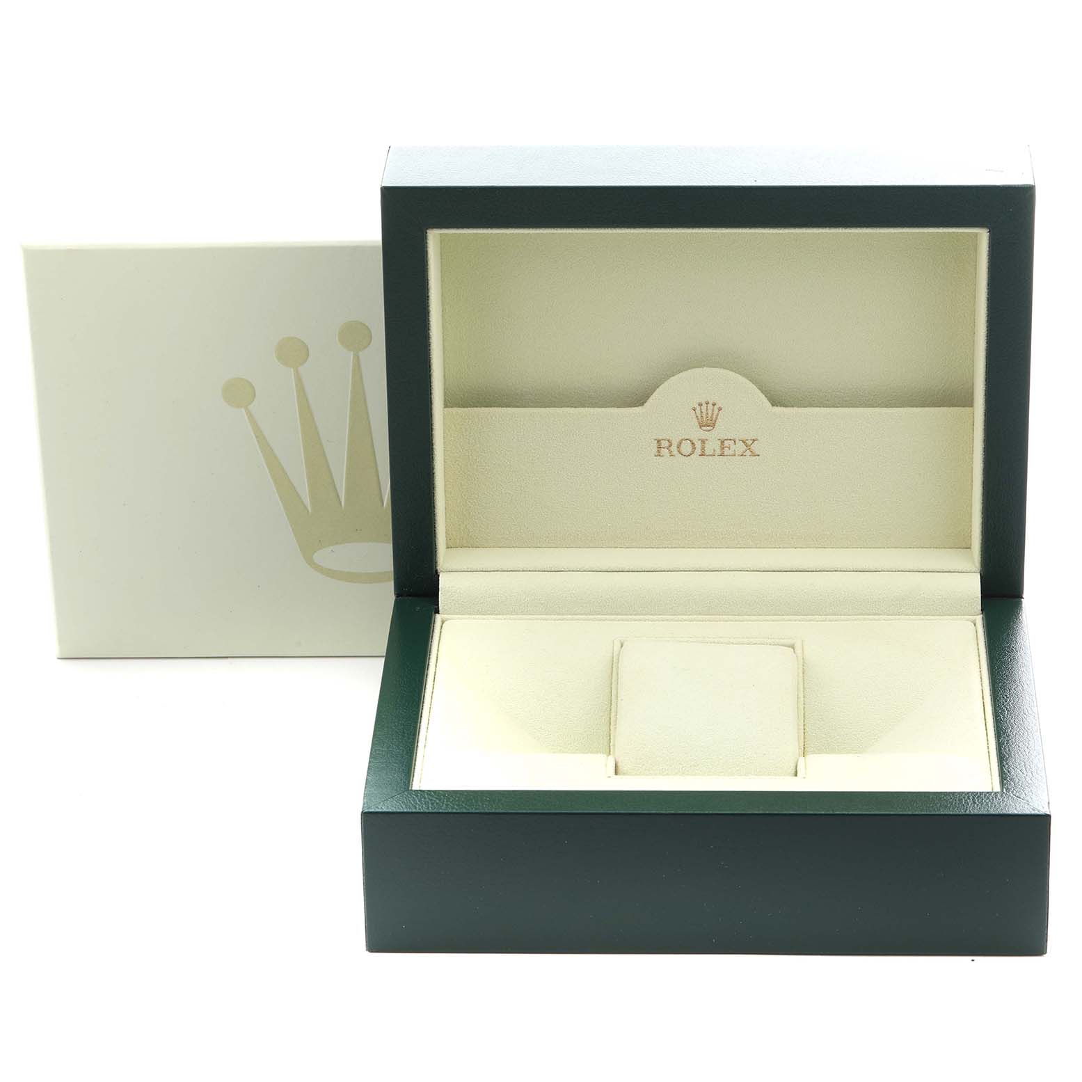 The image shows an open Rolex watch box for the Yacht-Master model, featuring the logo and interior padding.