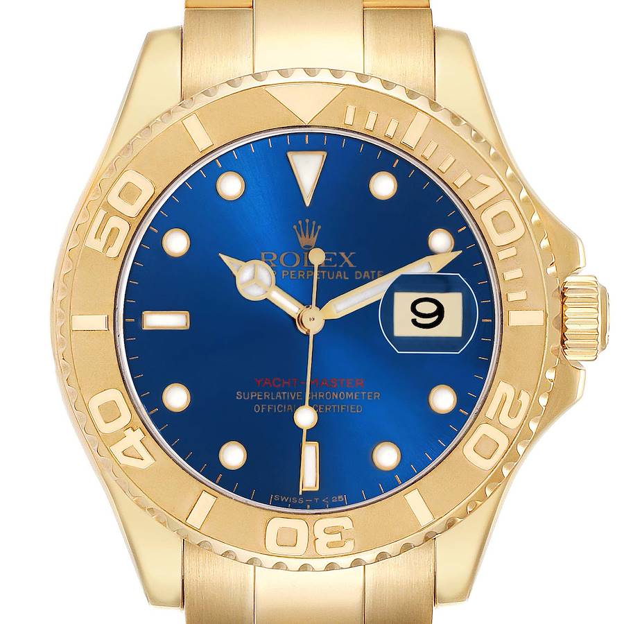 The Rolex Yacht-Master 16628 Men
s Yellow Gold Blue Dial watch is shown from the front, highlighting the blue dial, gold bezel, and bracelet.