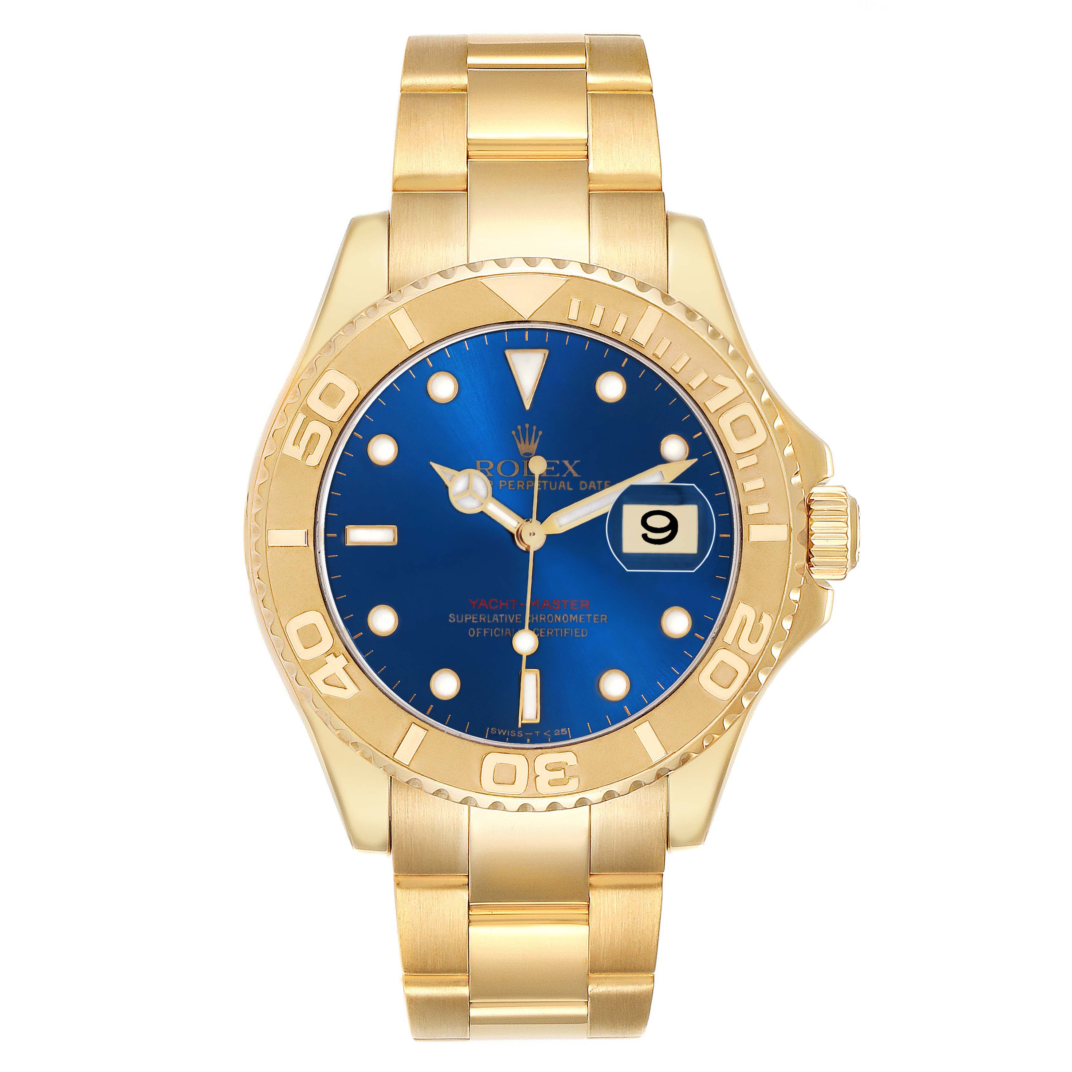 The Rolex Yacht-Master 16628 Men
s Yellow Gold Blue Dial watch is shown front-facing, displaying the bezel, dial, bracelet, and date function.