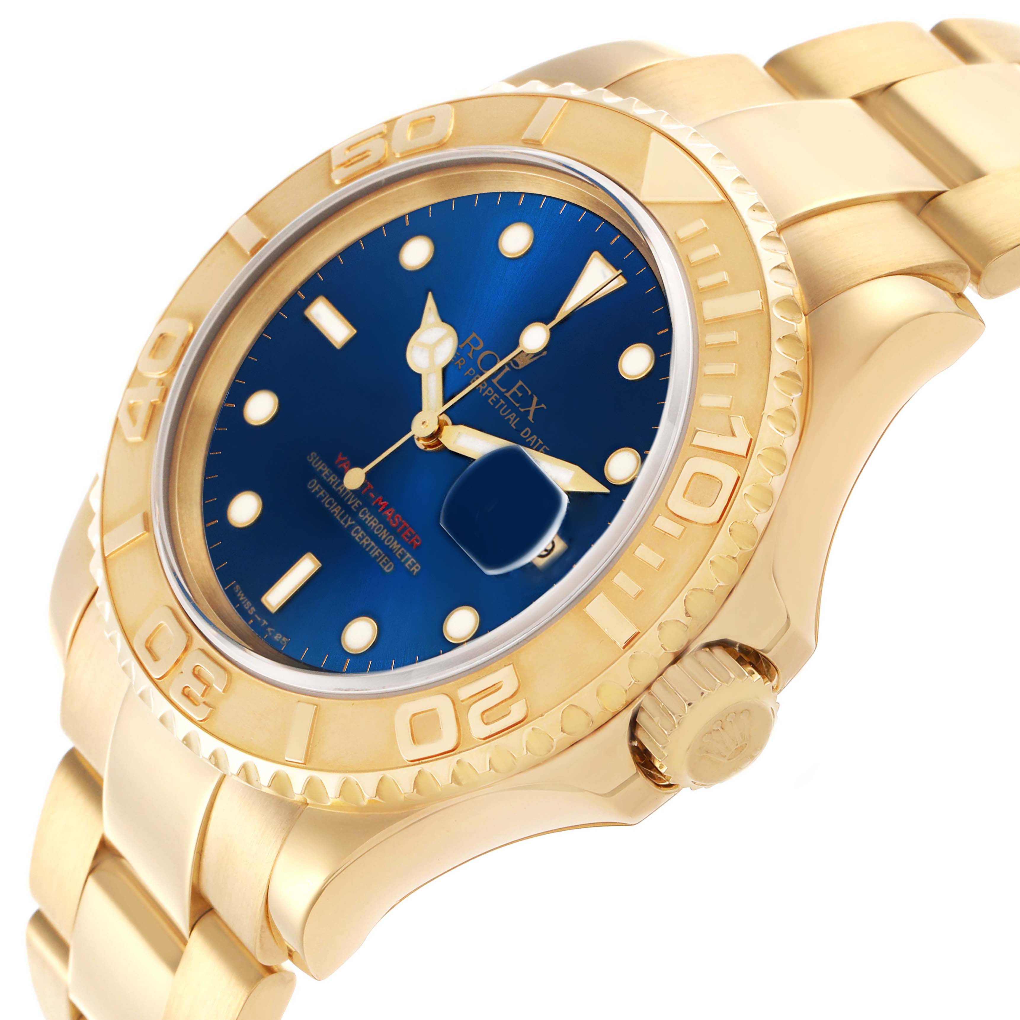The Rolex Yacht-Master 16628 Men
s Yellow Gold Blue Dial watch is shown at an angled view, highlighting the dial, bezel, and part of the bracelet.