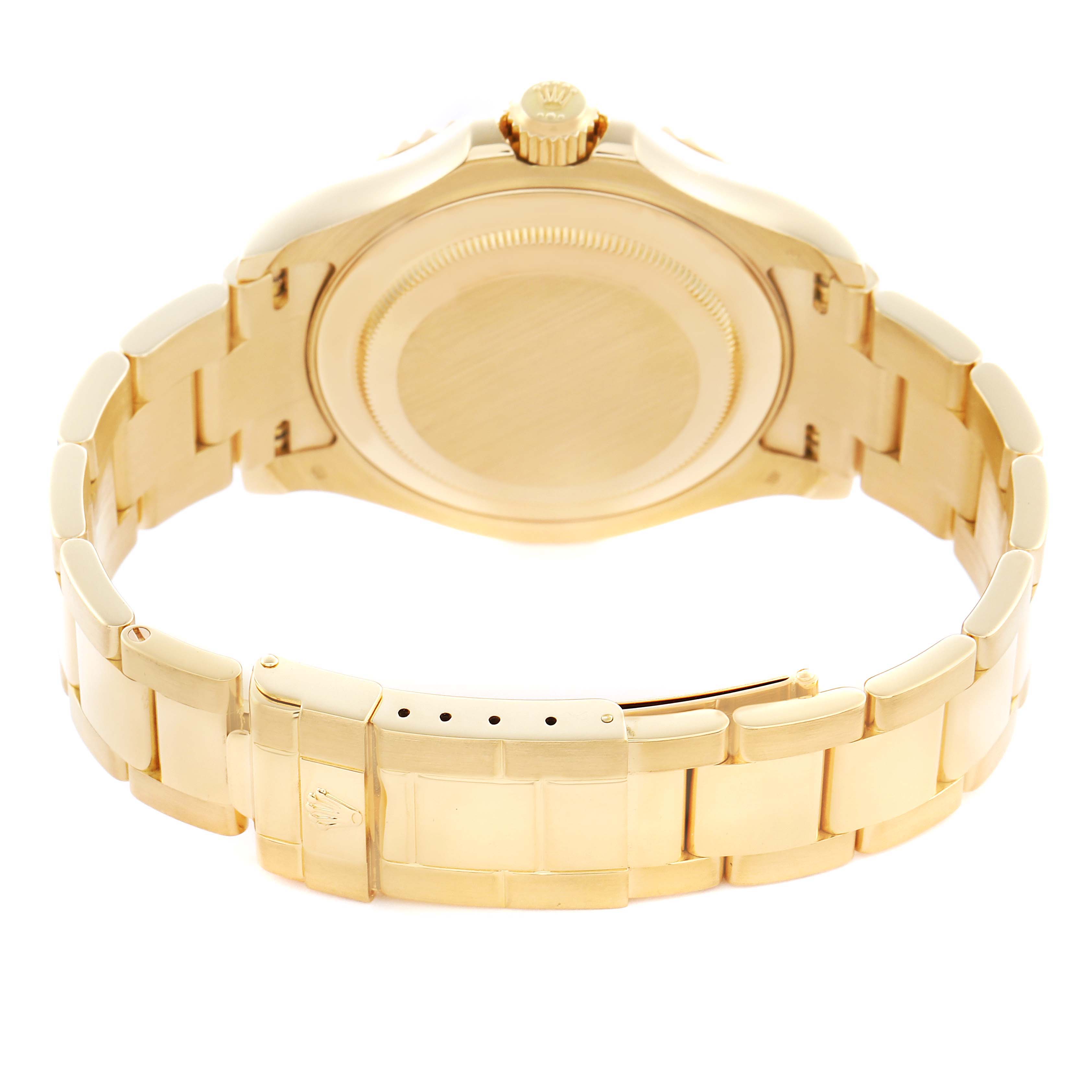 The Rolex Yacht-Master 16628 Men
s Yellow Gold Blue Dial 16628 Men
s Yellow Gold Blue Dial watch is shown from the back, highlighting its clasp, bracelet, and case back.