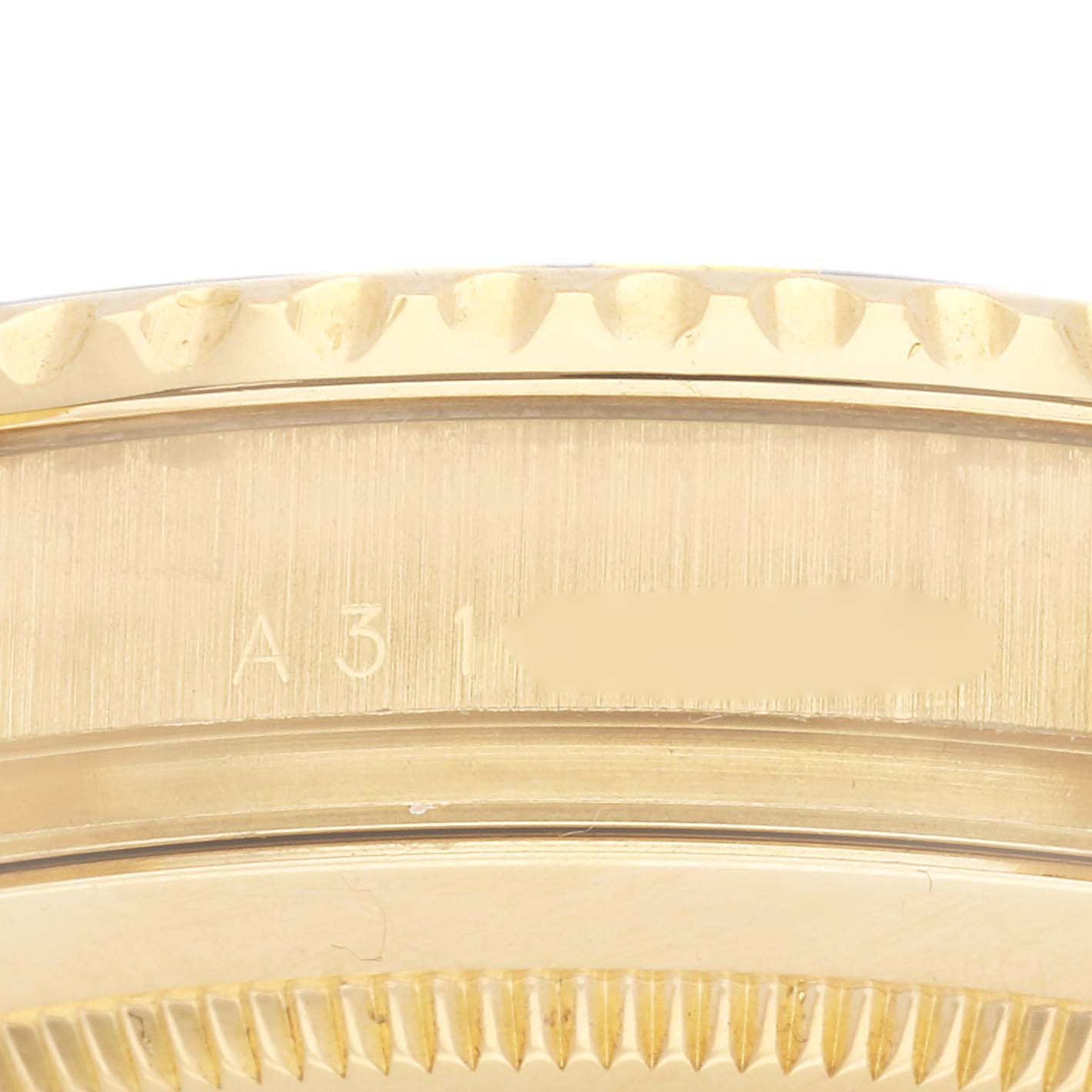 The image shows a close-up of the bezel and edge details of a Rolex Yacht-Master 16628 Men
s Yellow Gold Blue Dial 16628 Men
s Yellow Gold Blue Dial watch.