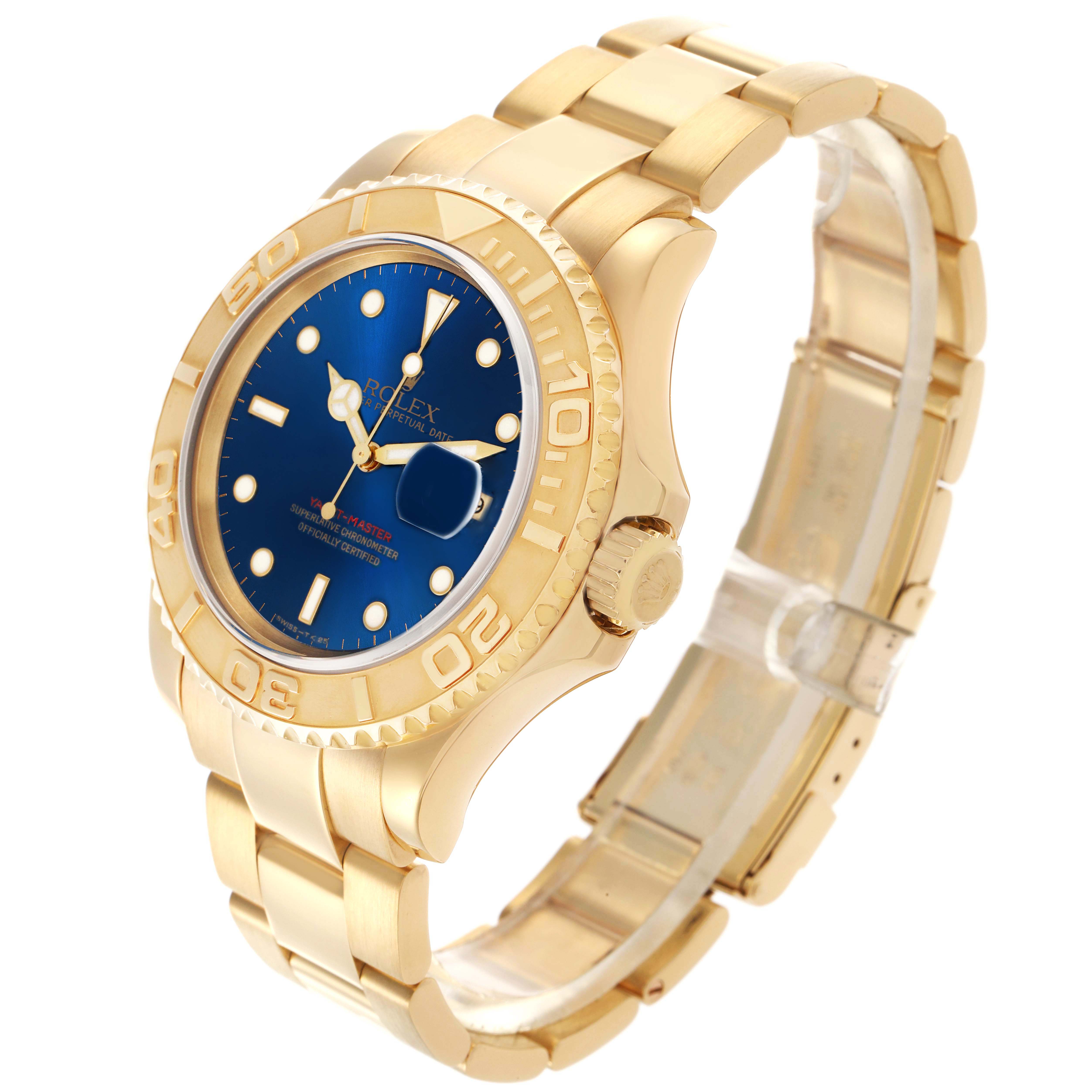 The Rolex Yacht-Master 16628 Men
s Yellow Gold Blue Dial is shown at a three-quarter angle, highlighting the gold bracelet, blue dial, and bezel.