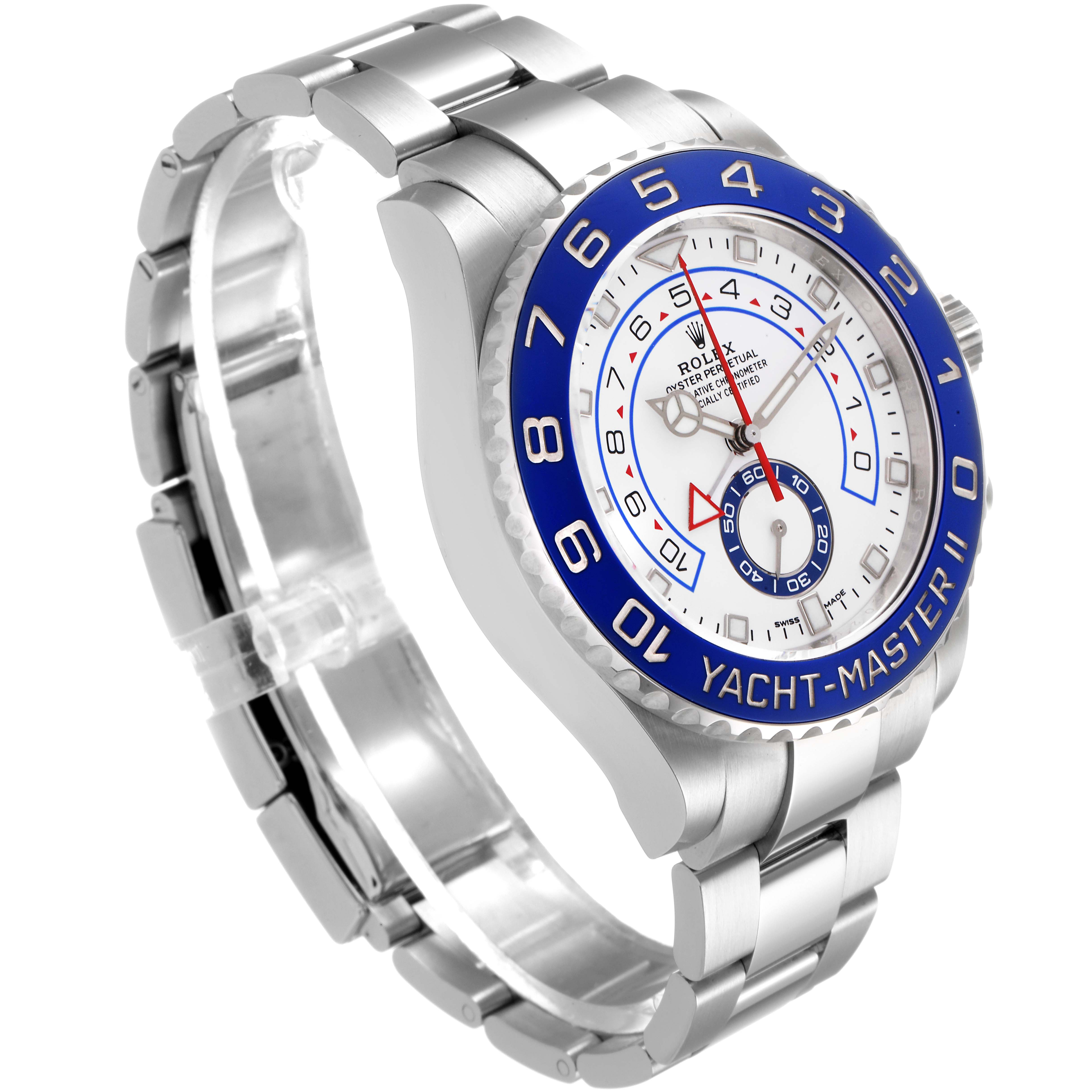 The Rolex Yacht-Master 116680 Men
s Stainless Steel White Dial 116680 Men
s Stainless Steel White Dial watch is shown at an angle displaying the face, bezel, crown, and bracelet.