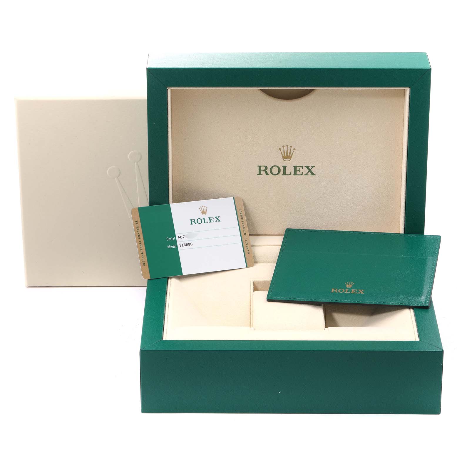 The image shows the box, warranty card, and holder for a Rolex Yacht-Master 116680 Men
s Stainless Steel White Dial 116680 Men
s Stainless Steel White Dial watch.