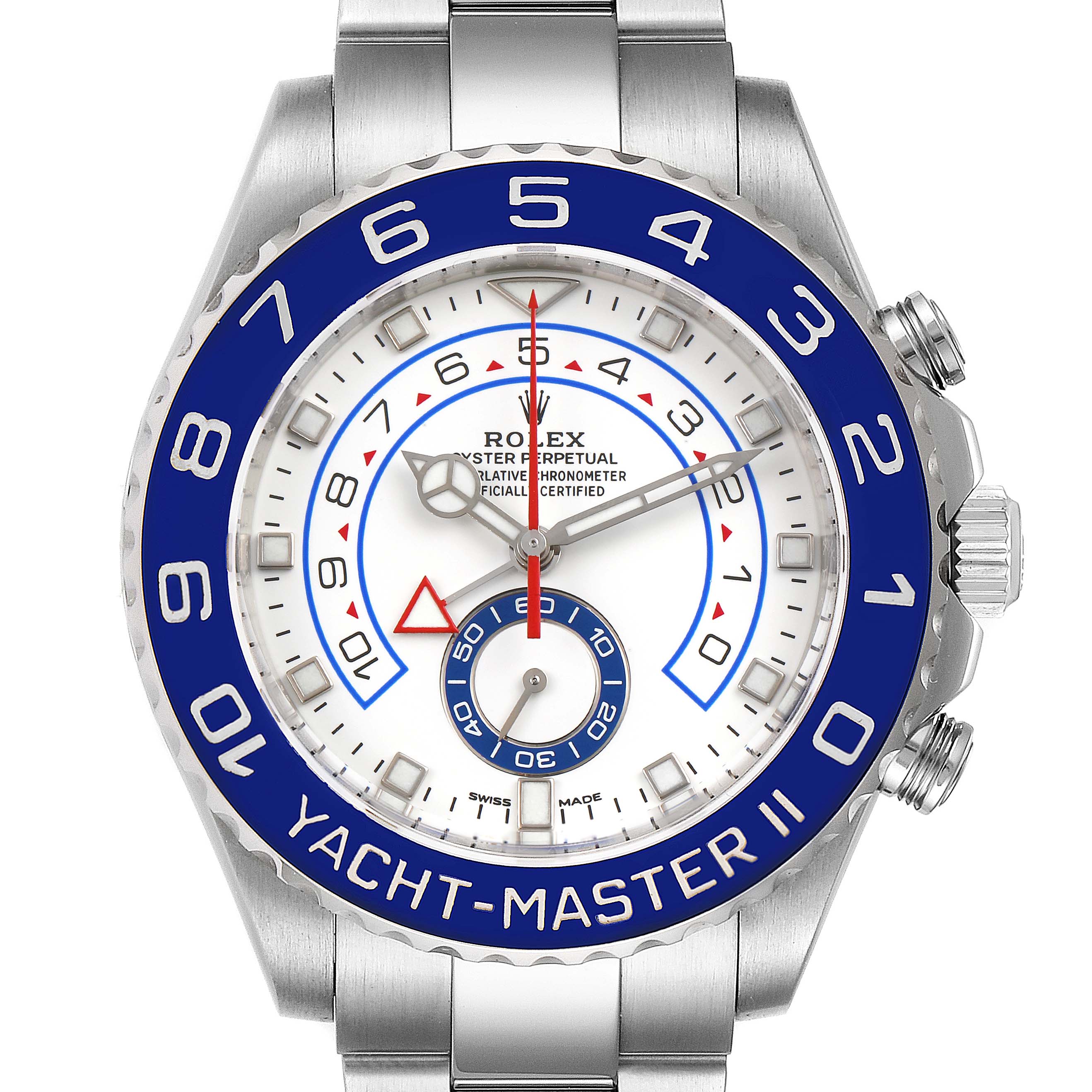The image shows a front view of the Rolex Yacht-Master 116680 Men
s Stainless Steel White Dial 116680 Men
s Stainless Steel White Dial II watch, displaying the dial, bezel, hands, and part of the bracelet.