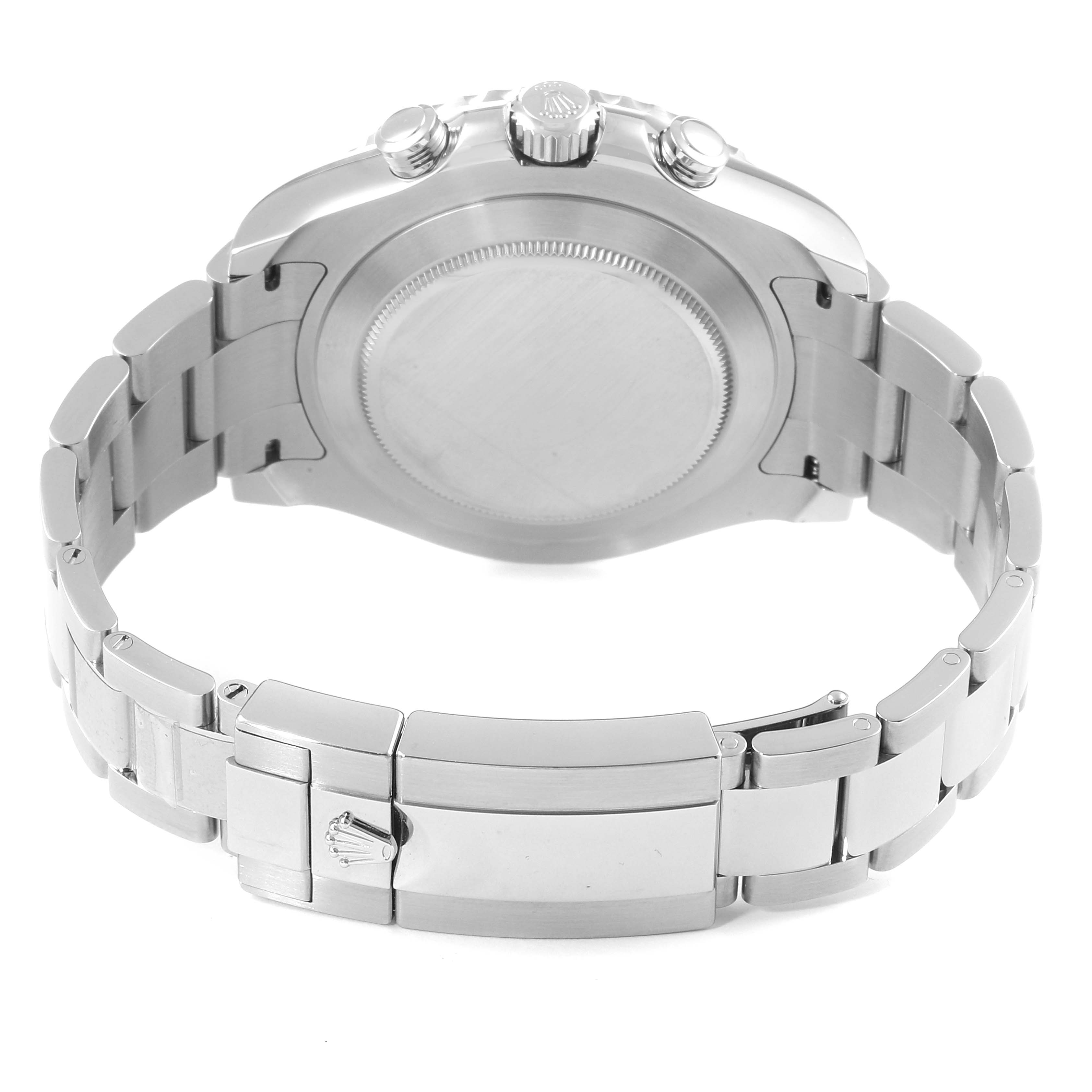 This image shows the back of the Rolex Yacht-Master 116680 Men
s Stainless Steel White Dial 116680 Men
s Stainless Steel White Dial watch, highlighting the case back, crown, pushers, and bracelet clasp.