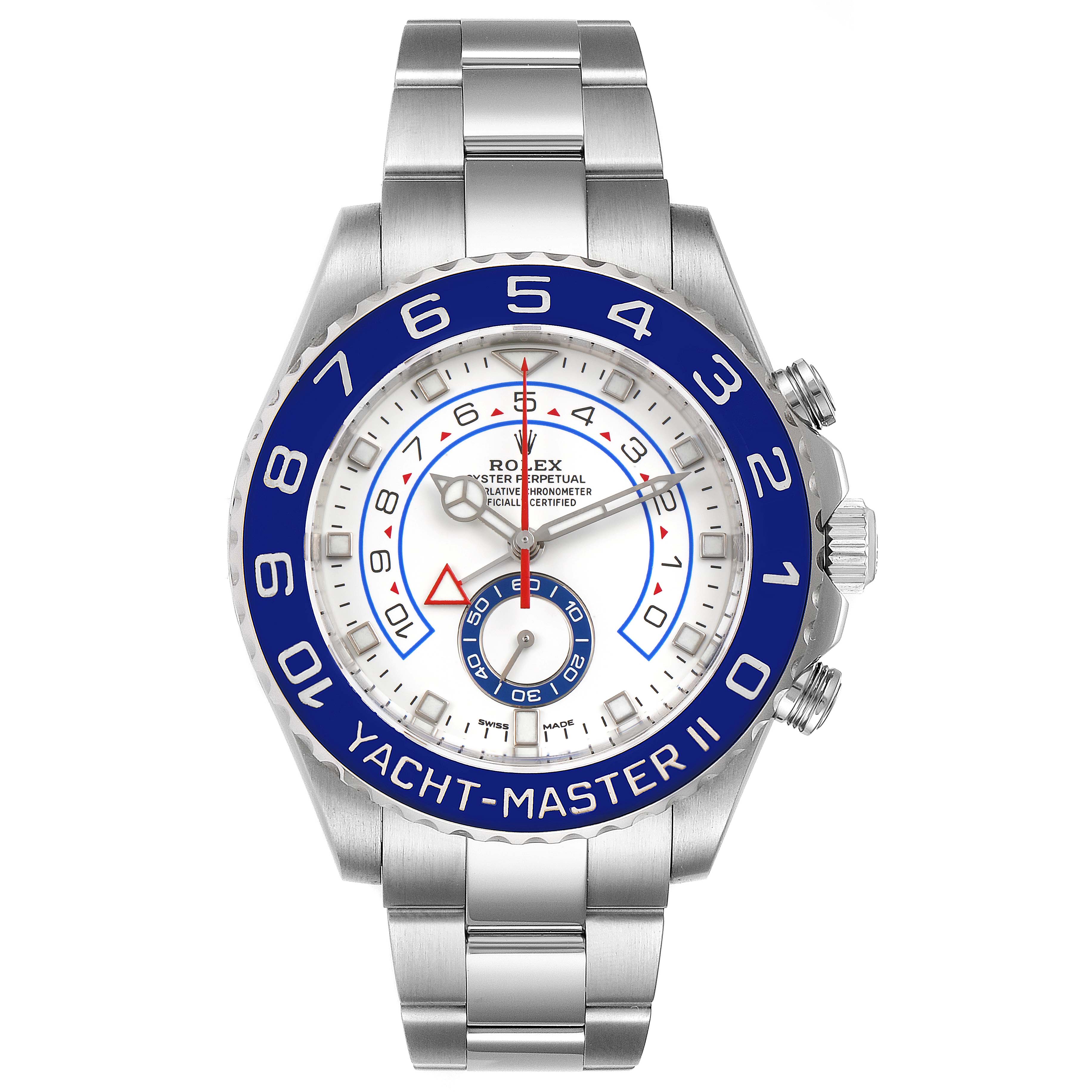 This image shows a front view of the Rolex Yacht-Master 116680 Men
s Stainless Steel White Dial 116680 Men
s Stainless Steel White Dial II watch, displaying its dial, hands, bezel, and bracelet.