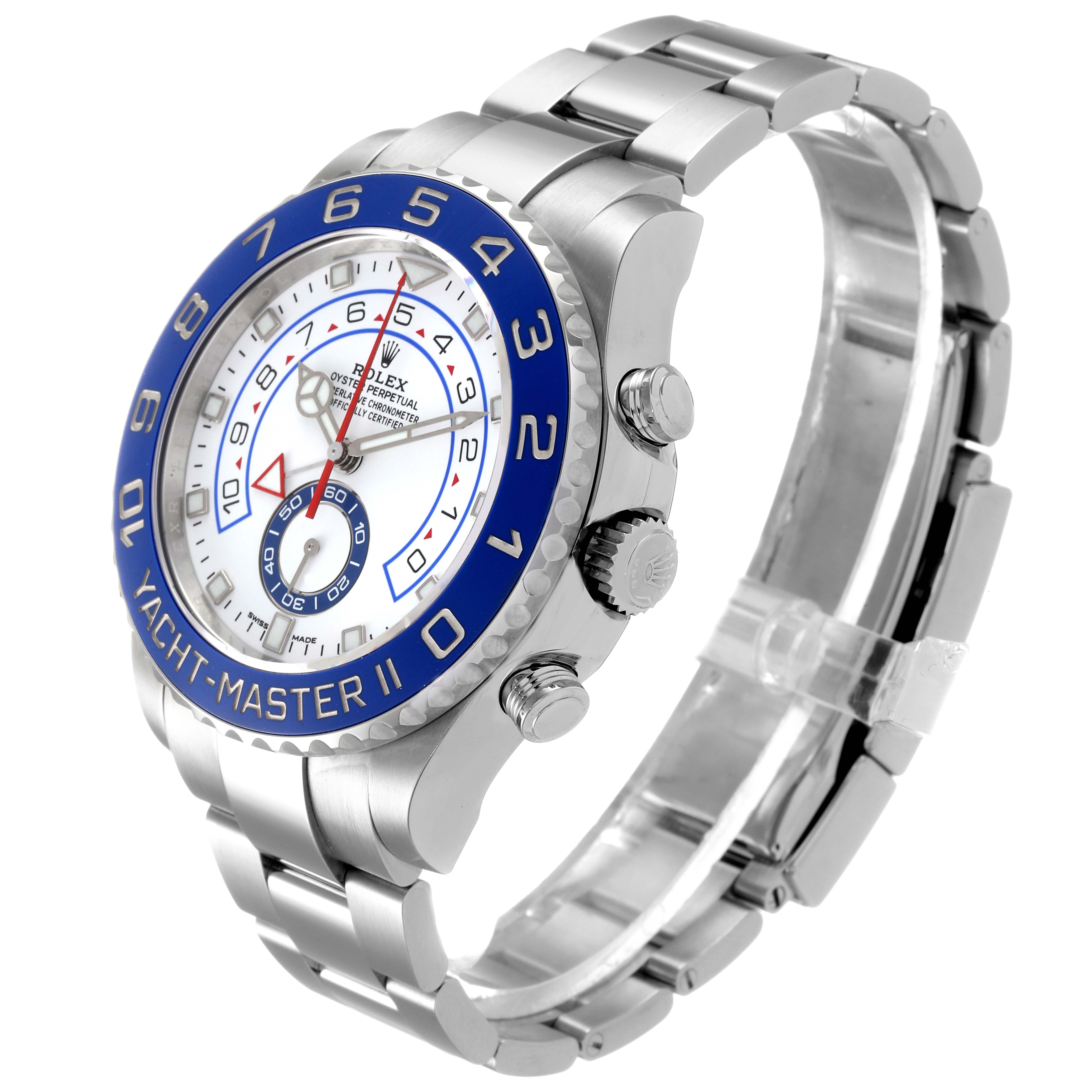 This Rolex Yacht-Master 116680 Men
s Stainless Steel White Dial 116680 Men
s Stainless Steel White Dial II watch is shown at a three-quarter angle, displaying the bezel, dial, crown, pushers, and bracelet.