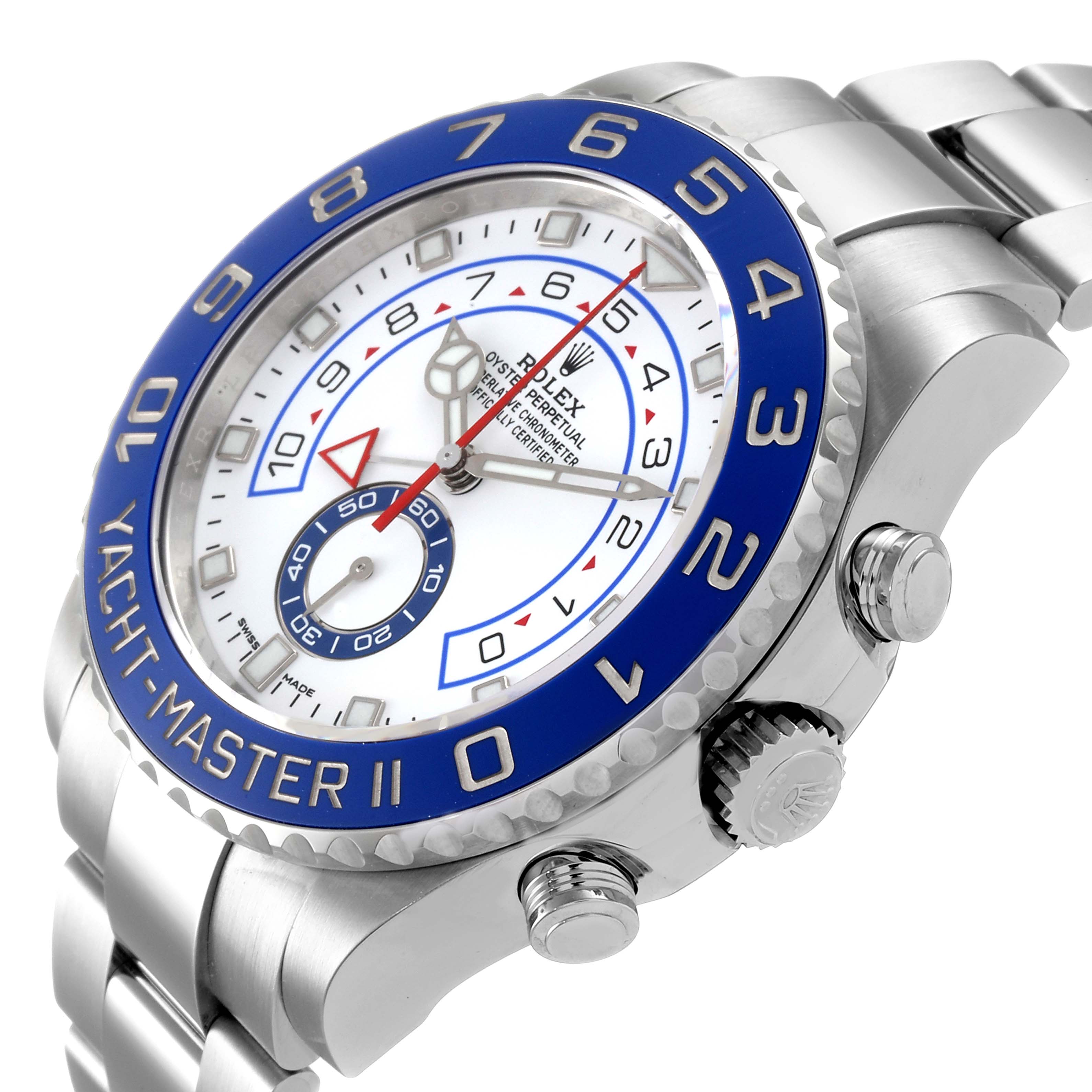 The Rolex Yacht-Master 116680 Men
s Stainless Steel White Dial 116680 Men
s Stainless Steel White Dial watch is shown at a slight angle, displaying the bezel, crown, and part of the bracelet.