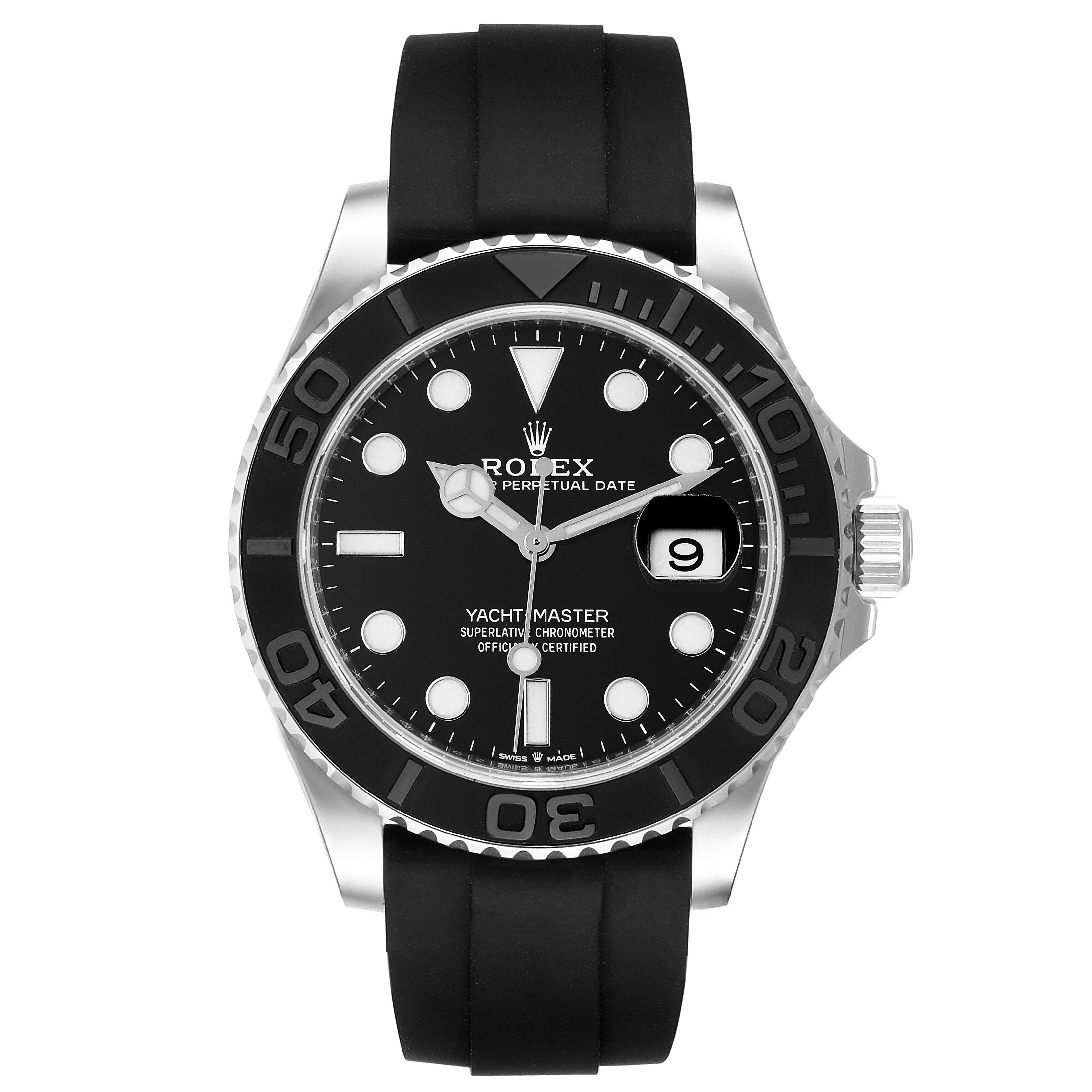 The image shows a front view of the Rolex Yacht-Master 226659 Men's White Gold Black Dial 226659 Men's White Gold Black Dial watch, highlighting its dial, bezel, and rubber strap.