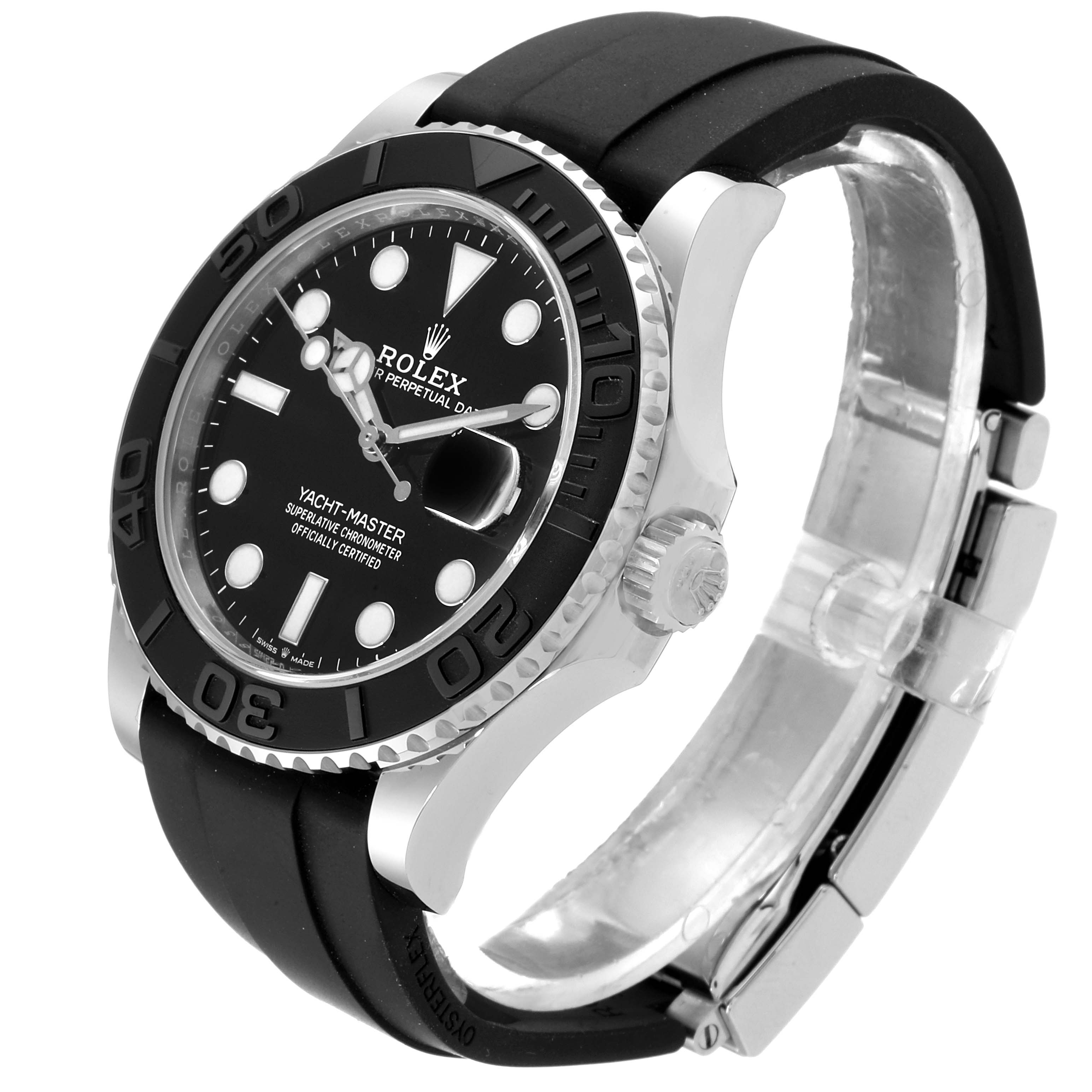This Rolex Yacht-Master 226659 Men's White Gold Black Dial 226659 Men's White Gold Black Dial watch is shown at a slight angled side view, highlighting its face, bezel, and band.