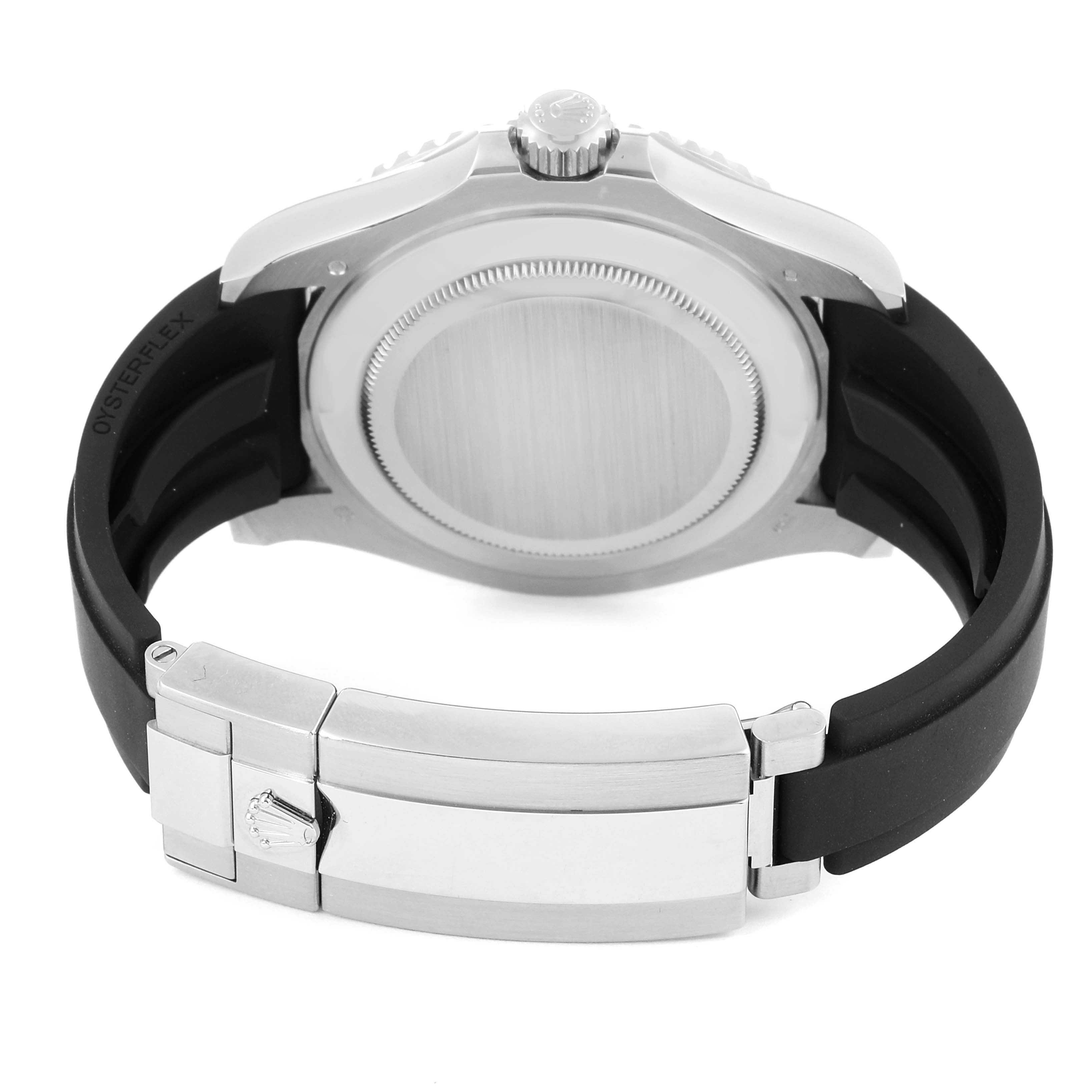 The image shows the back view of a Rolex Yacht-Master 226659 Men's White Gold Black Dial 226659 Men's White Gold Black Dial watch, featuring the case, crown, and clasp, with an Oysterflex bracelet.
