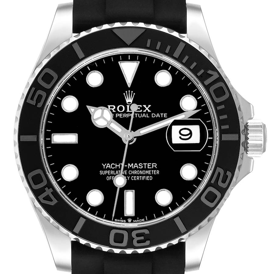 The Rolex Yacht-Master watch is shown from the front, highlighting the black dial, bezel, and crown.