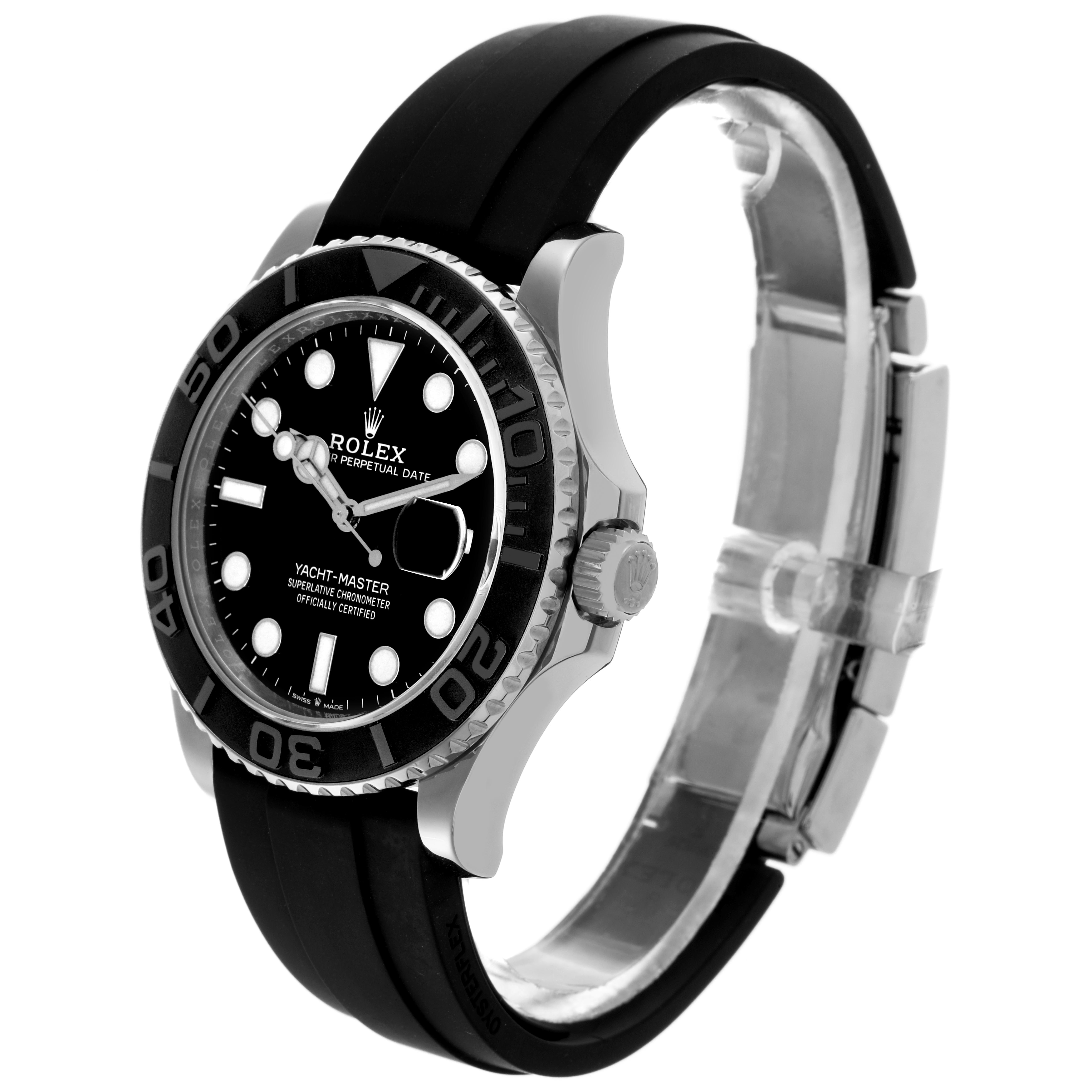 The Rolex Yacht-Master 226659 Men
s White Gold Black Dial 226659 Men
s White Gold Black Dial watch is shown at a three-quarter angle, highlighting the bezel, dial, crown, and rubber strap.