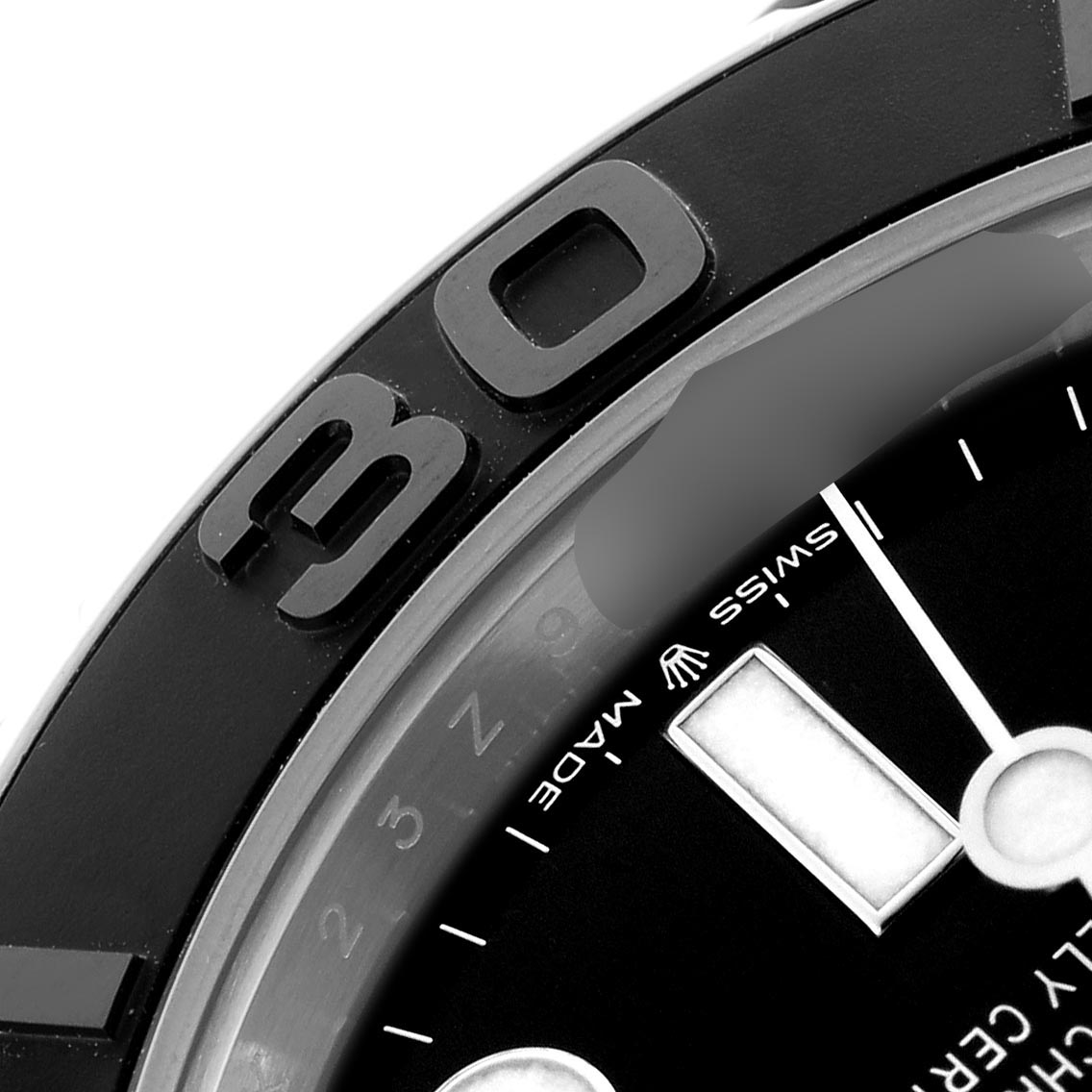The image shows a close-up of the bezel and partial dial of a Rolex Yacht-Master 226659 Men
s White Gold Black Dial 226659 Men
s White Gold Black Dial, highlighting the 30 mark and part of the face.
