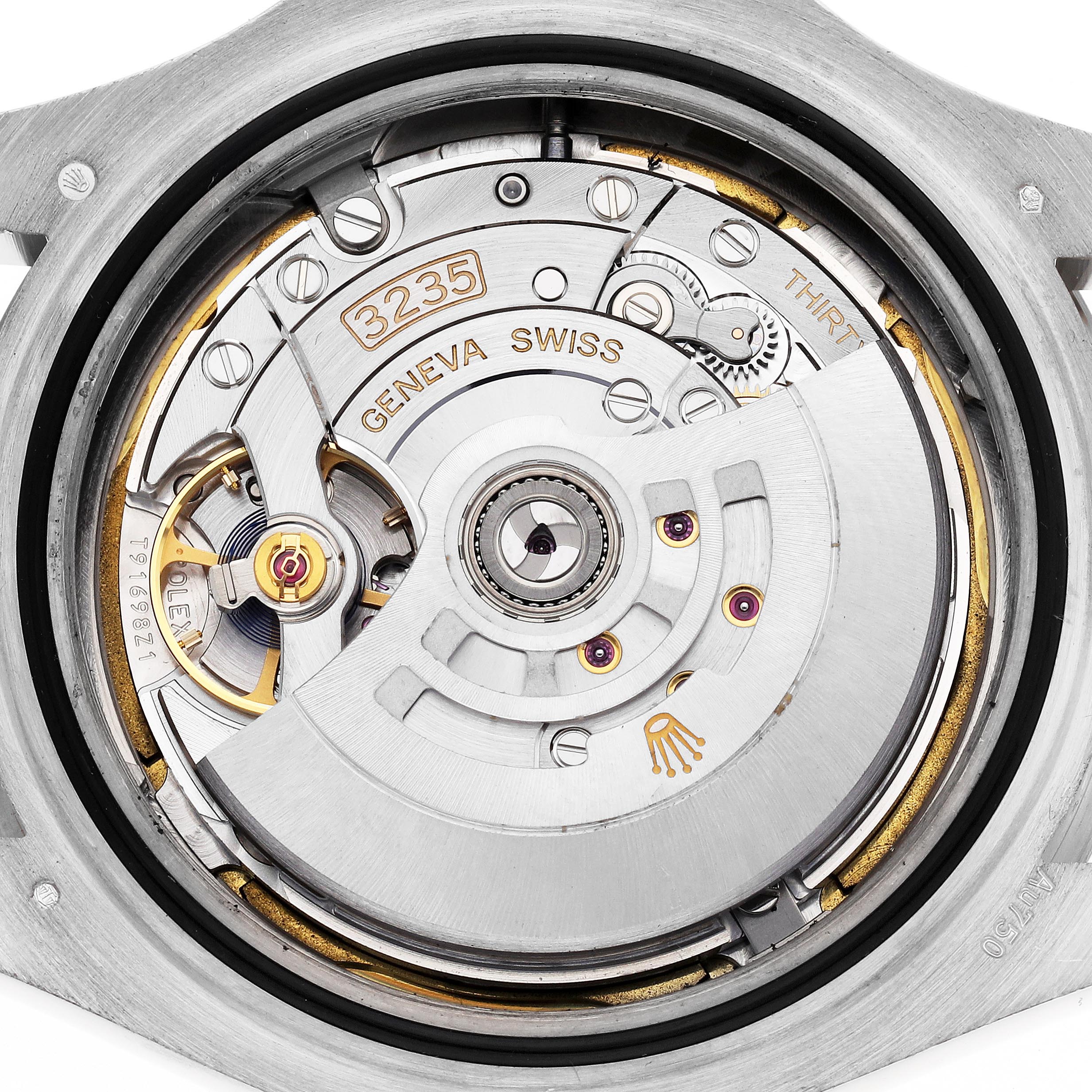This image shows the movement of a Rolex Yacht-Master 226659 Men
s White Gold Black Dial 226659 Men
s White Gold Black Dial watch, featuring the rotor and internal components from the back.