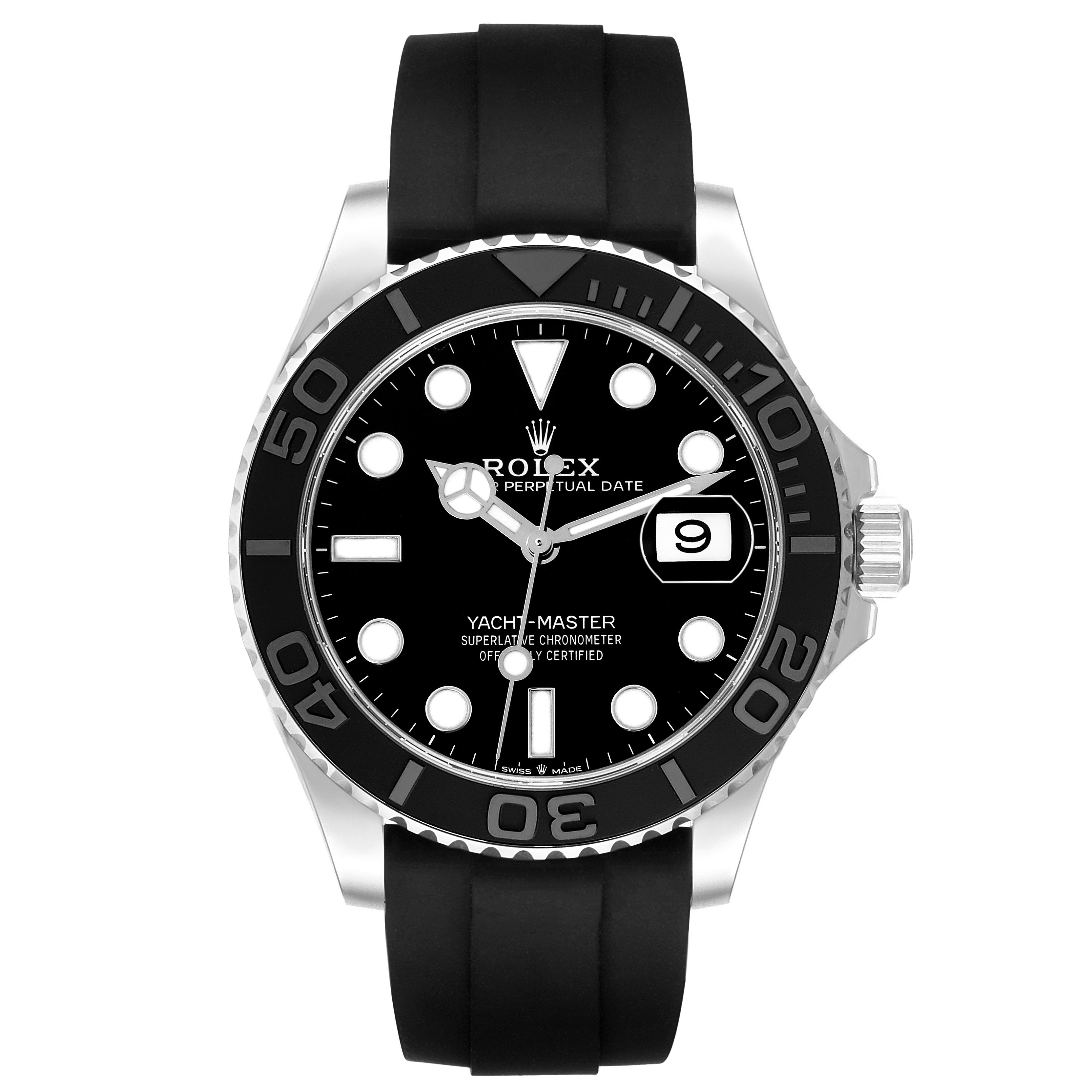 The Rolex Yacht-Master 226659 Men
s White Gold Black Dial 226659 Men
s White Gold Black Dial watch is shown from a front angle, displaying its black dial, bezel, and rubber strap.