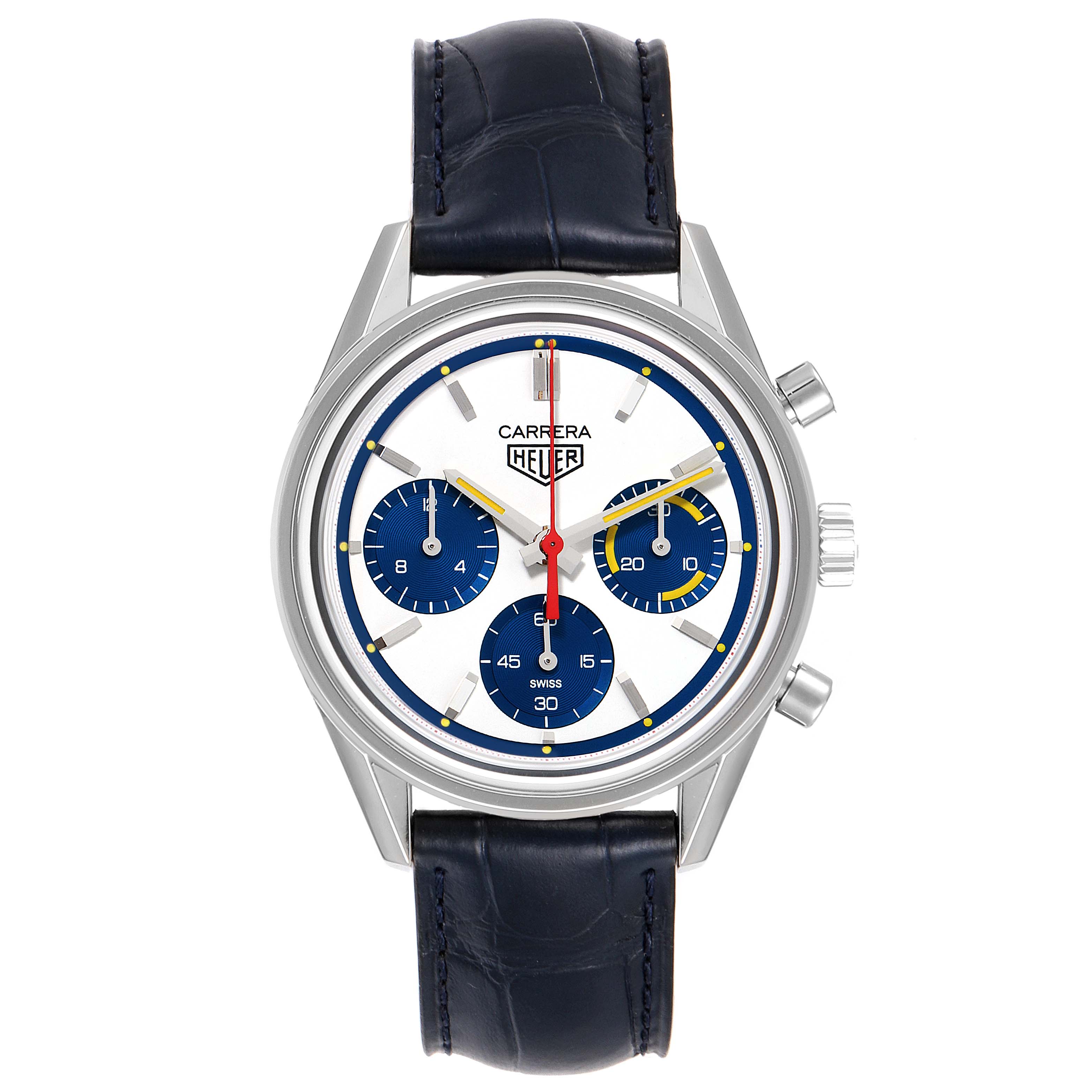 The image shows a Tag Heuer Carrera CBK221C.FC6488 Men's Stainless Steel White Dial CBK221C.FC6488 Men's Stainless Steel White Dial watch from a front angle, displaying its face, chronograph dials, and leather strap.