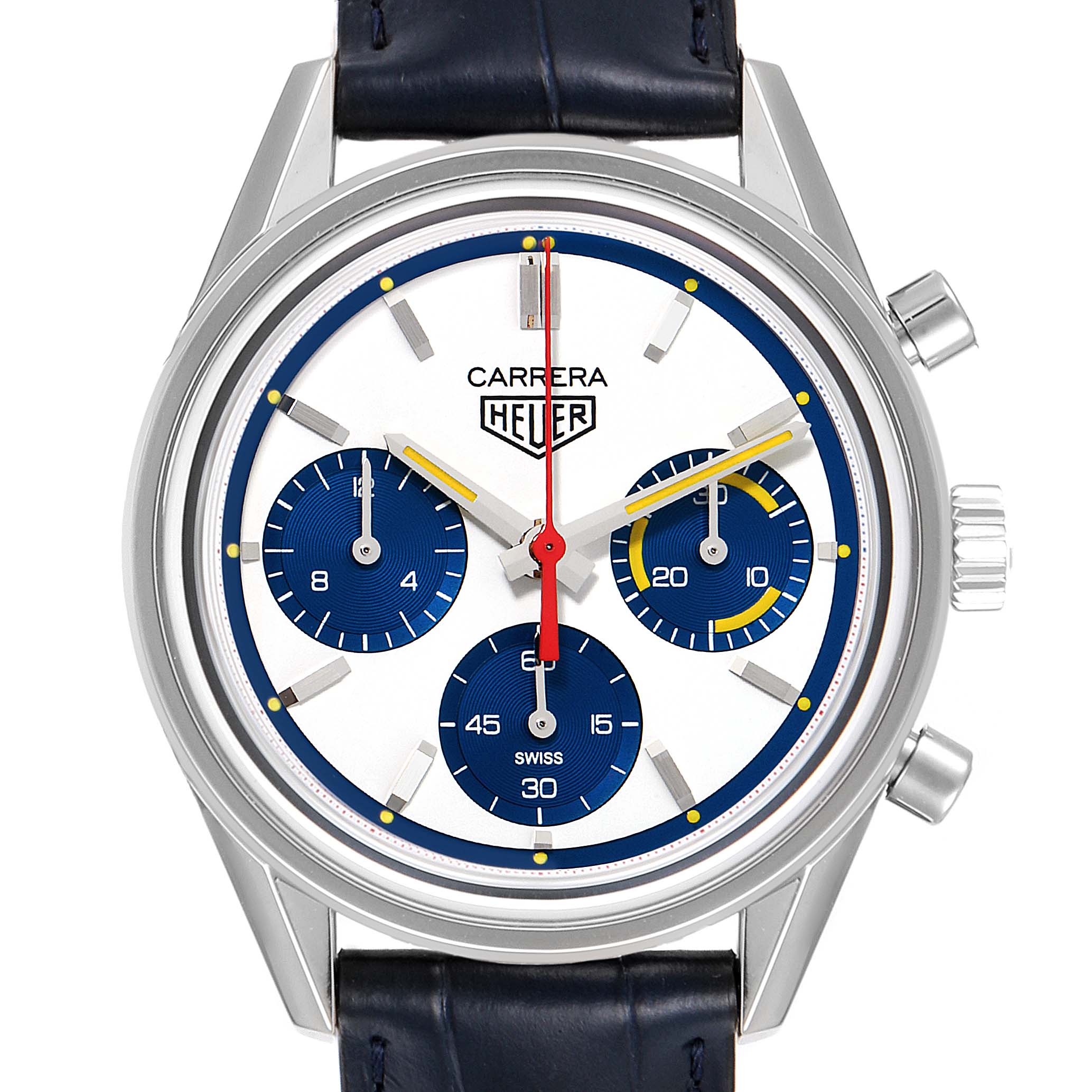 The image shows a front view of a Tag Heuer Carrera CBK221C.FC6488 Men's Stainless Steel White Dial CBK221C.FC6488 Men's Stainless Steel White Dial watch, displaying the dial, subdials, hands, and case with a leather strap.