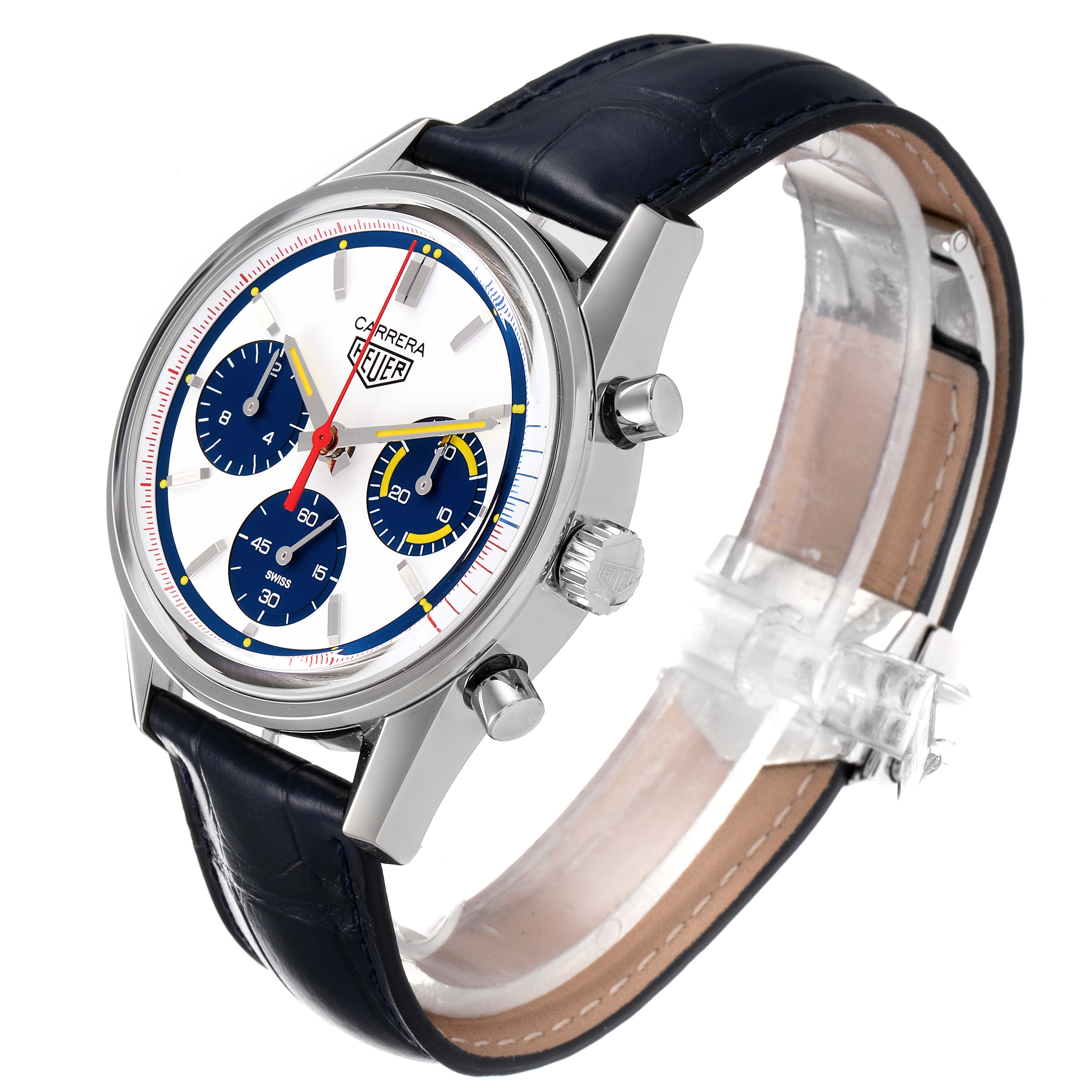 The image shows a side angle of a Tag Heuer Carrera CBK221C.FC6488 Men's Stainless Steel White Dial CBK221C.FC6488 Men's Stainless Steel White Dial watch, highlighting the face, dial, and leather strap.