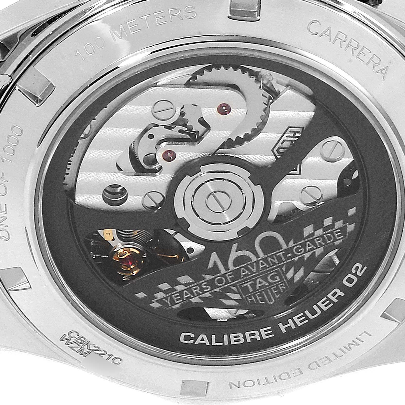 The image shows the back view of the Tag Heuer Carrera CBK221C.FC6488 Men's Stainless Steel White Dial CBK221C.FC6488 Men's Stainless Steel White Dial watch, revealing the Calibre Heuer 02 movement and engraving details.