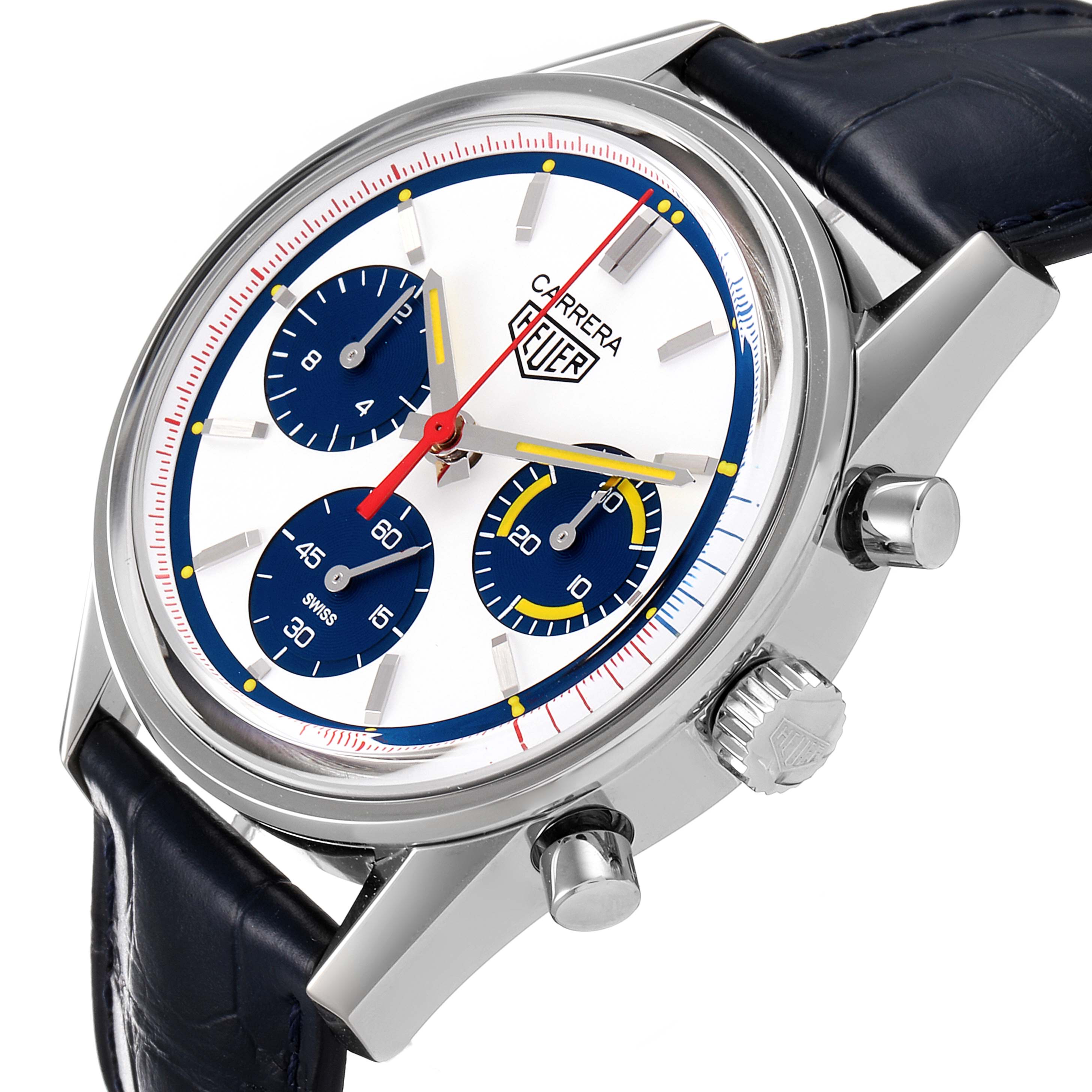 This image shows a side and top view of the Carrera model by Tag Heuer, showcasing its face, dials, and crown.