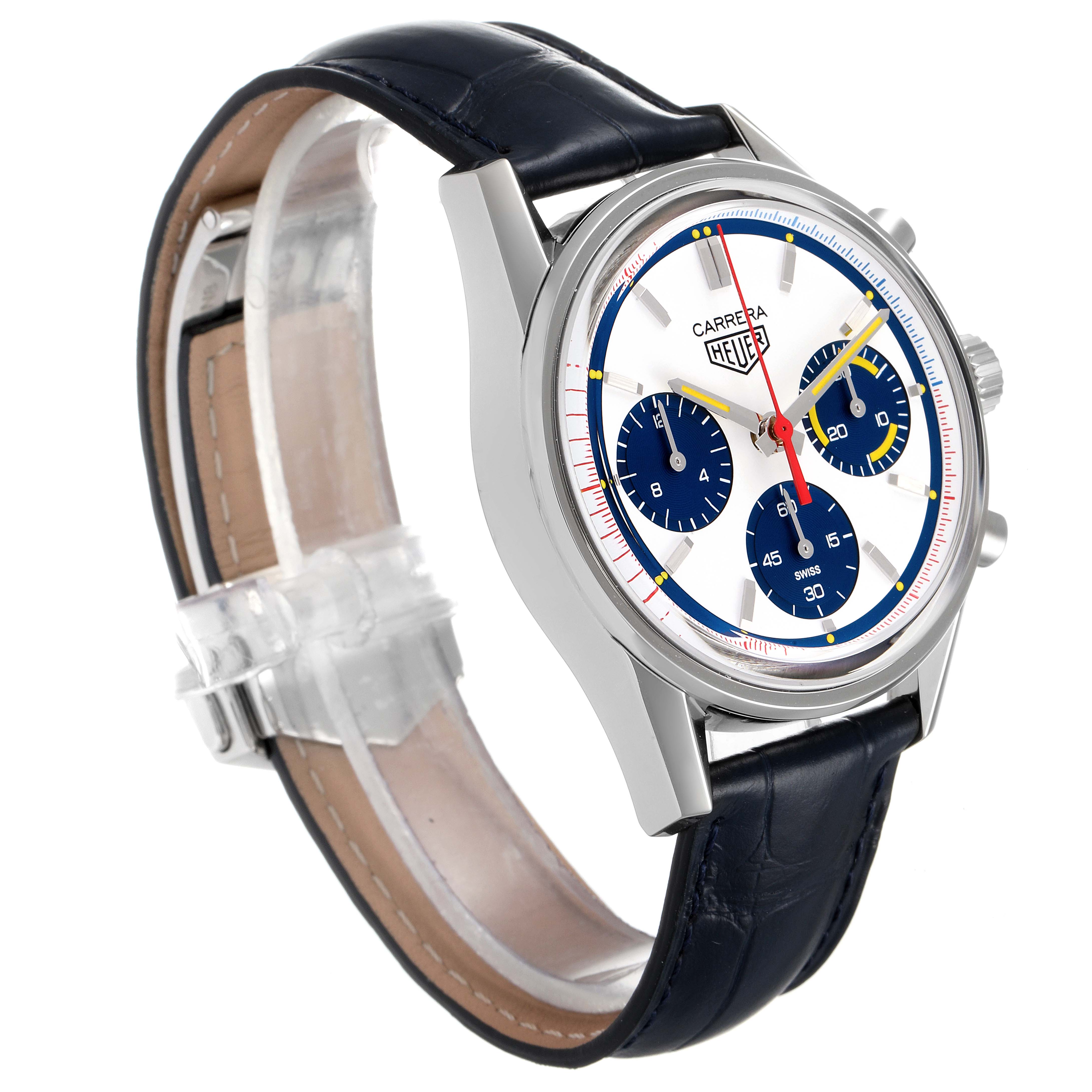 The image shows a side angle of the Tag Heuer Carrera CBK221C.FC6488 Men's Stainless Steel White Dial CBK221C.FC6488 Men's Stainless Steel White Dial watch, highlighting its face, case, and leather strap.