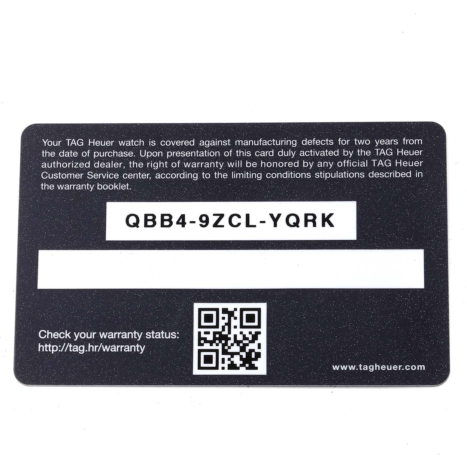 The image shows a warranty card for the Tag Heuer Carrera CBK221C.FC6488 Men's Stainless Steel White Dial CBK221C.FC6488 Men's Stainless Steel White Dial model, displaying the warranty code and a QR code.